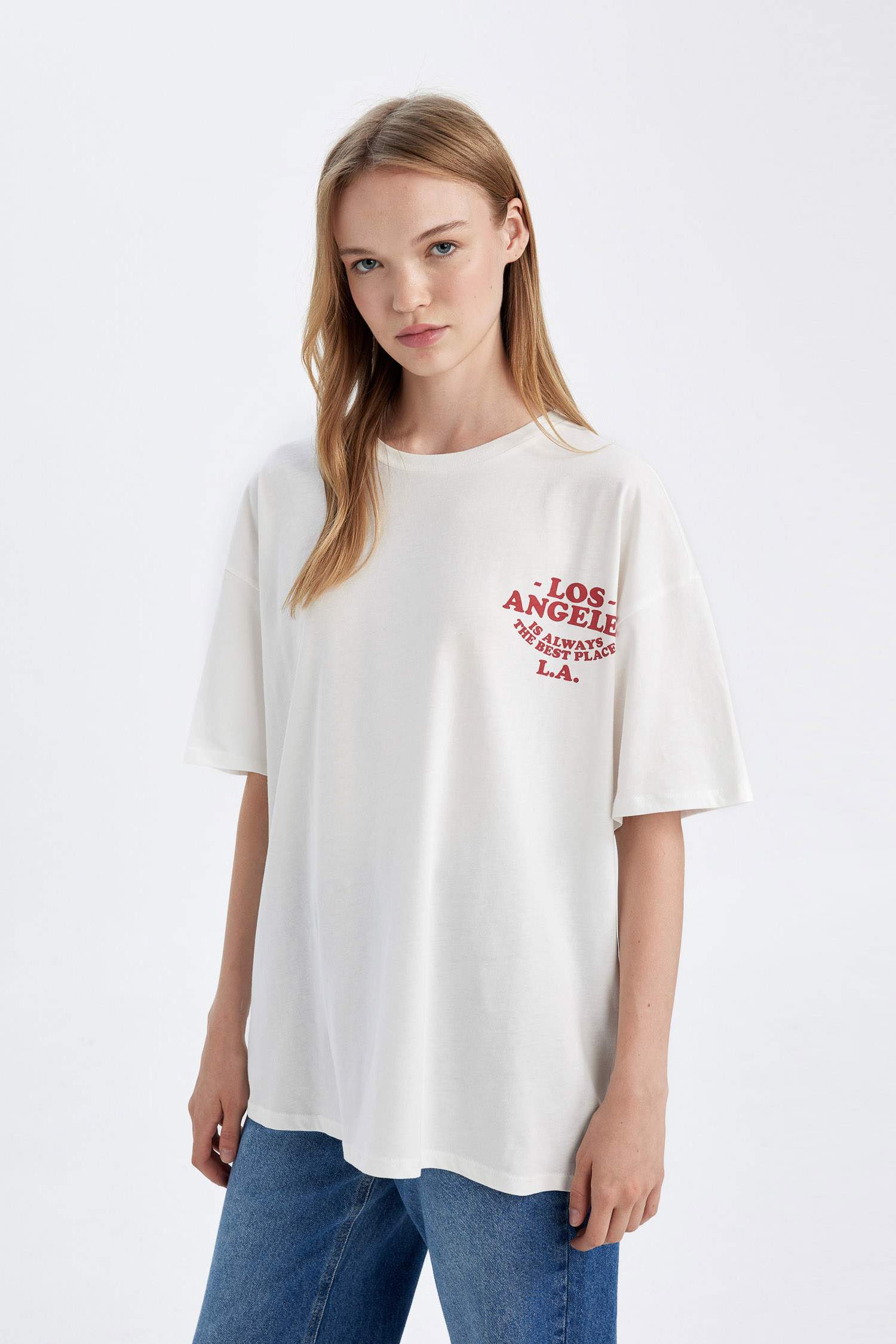 Okula Dönüş Oversize Geniş Kalıp Bisiklet Yaka Sırt Baskılı Kısa Kollu Tişört