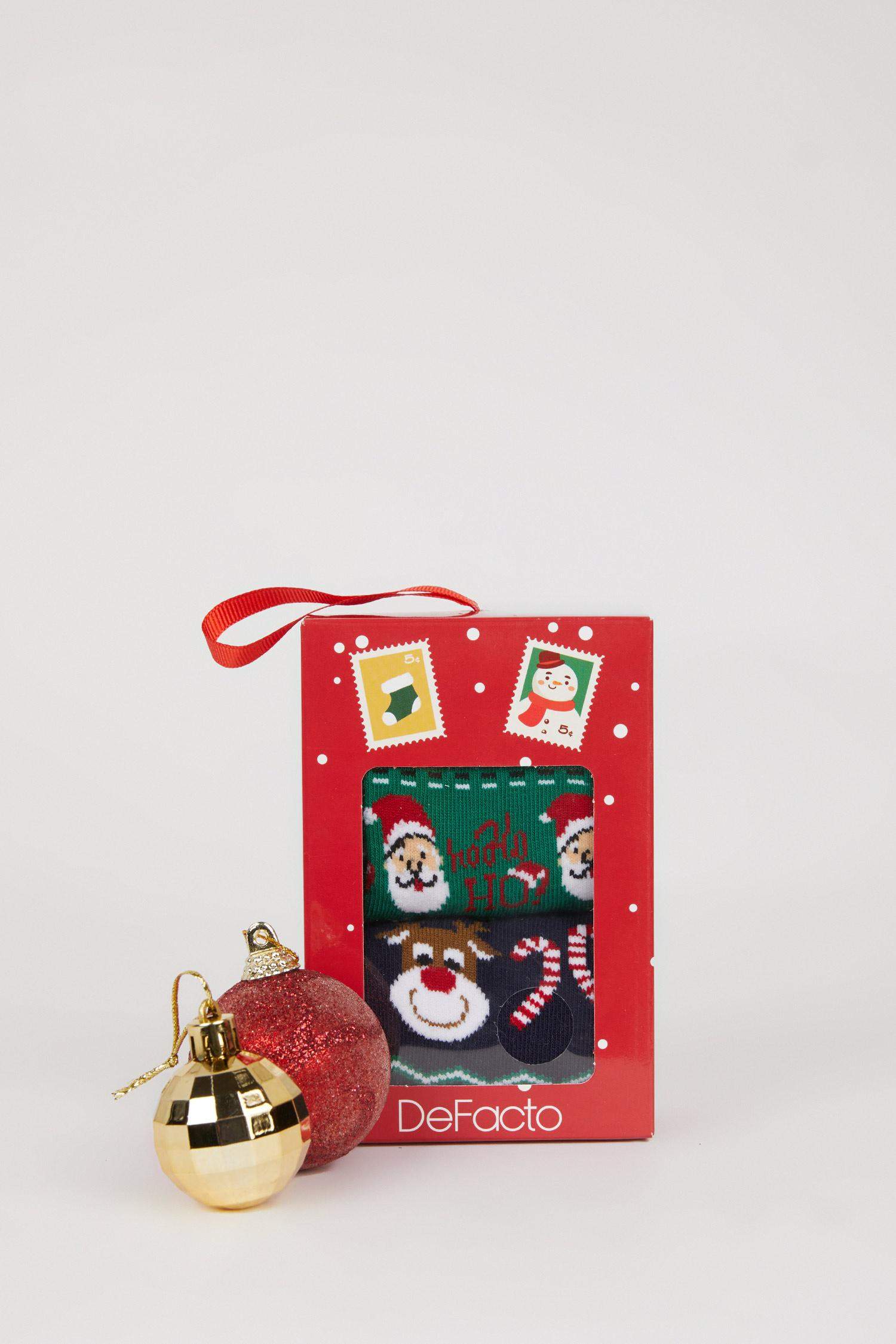 Erkek Çocuk Kutulu Yılbaşı Temalı 2'li Pamuklu Uzun Çorap