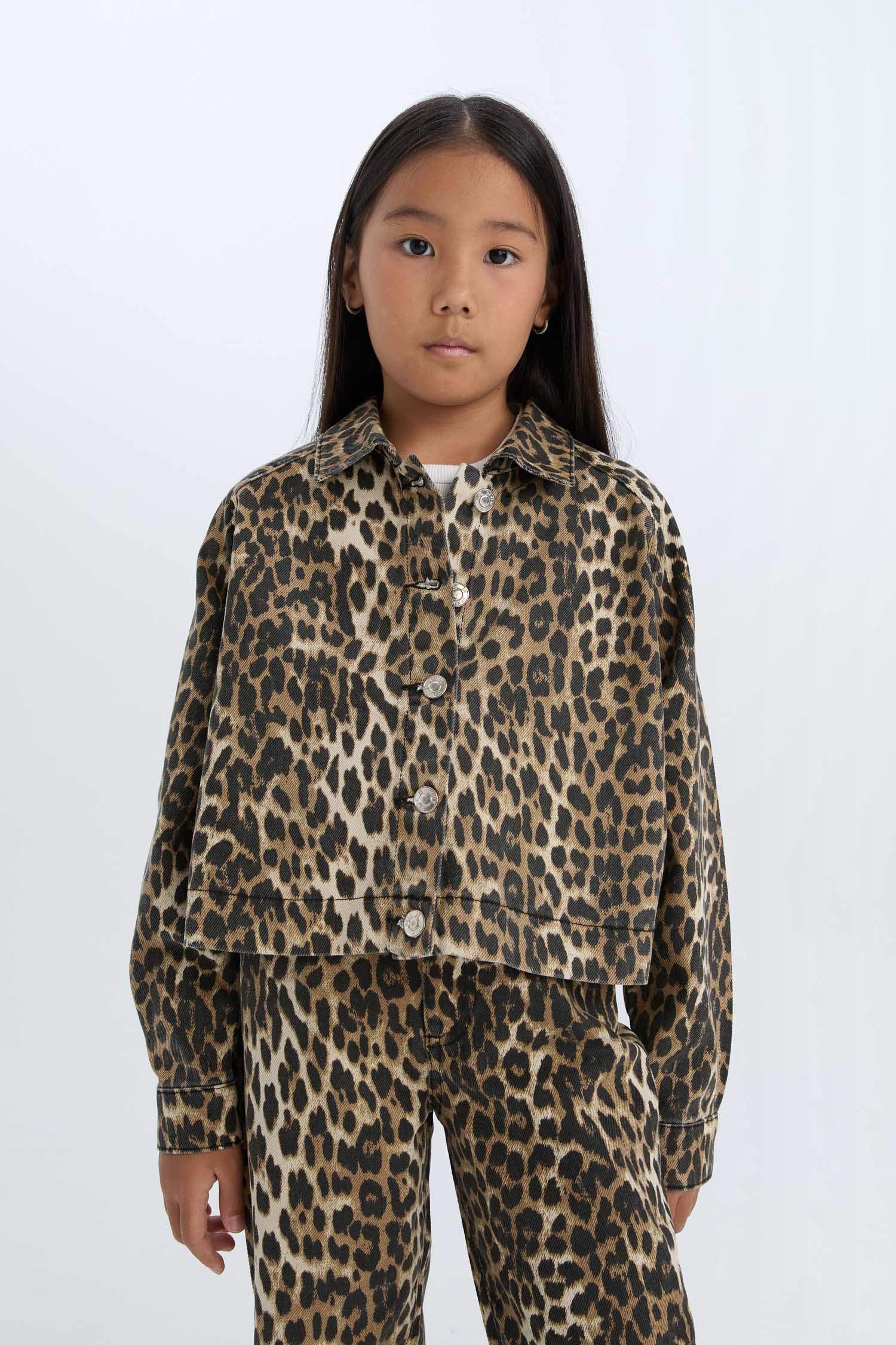 Veste Chemise à manches longues en Gabardine boutonnée imprimé léopard pour Fille