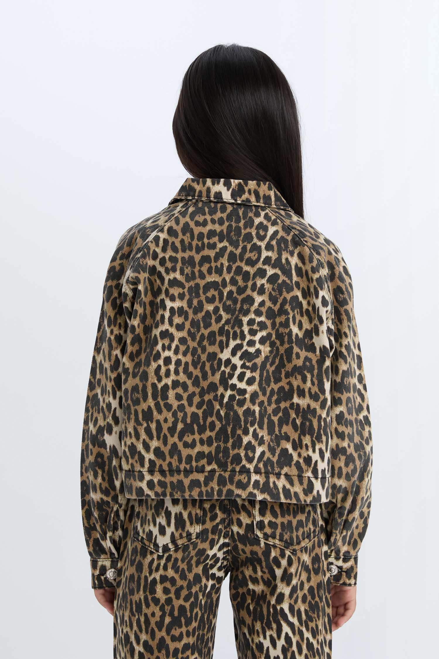 Veste Chemise à manches longues en Gabardine boutonnée imprimé léopard pour Fille