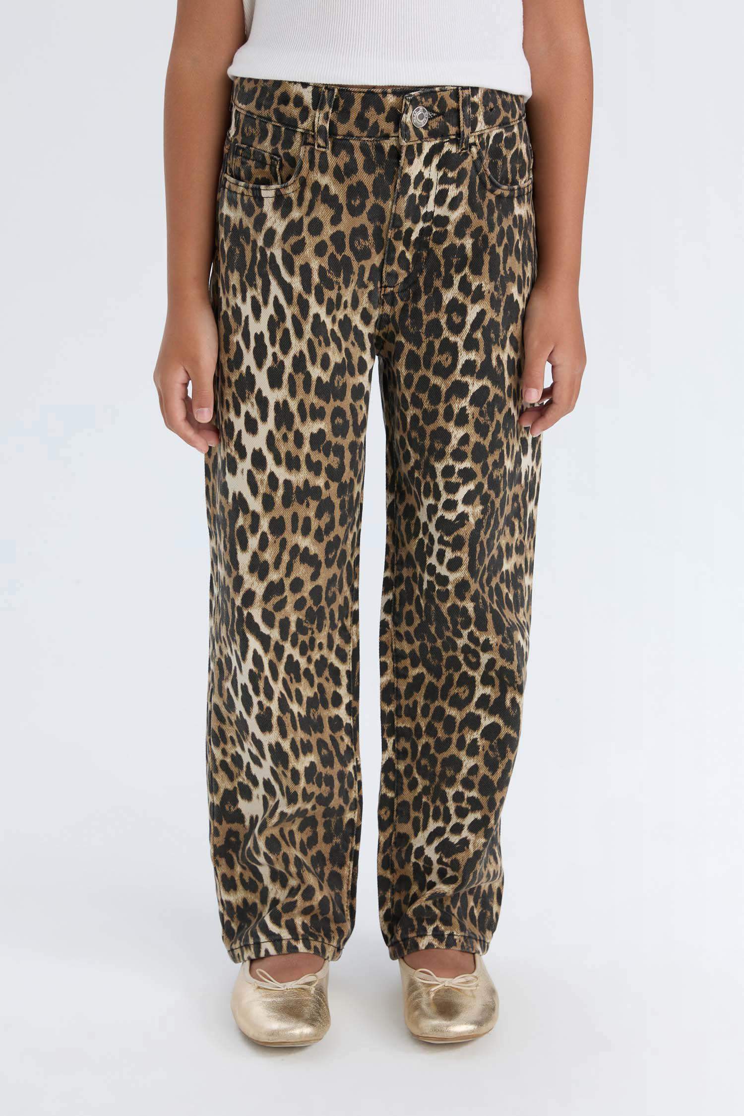 Kız Çocuk Leopar Desenli 90's Wide Leg Düz Paça Gabardin Pantolon