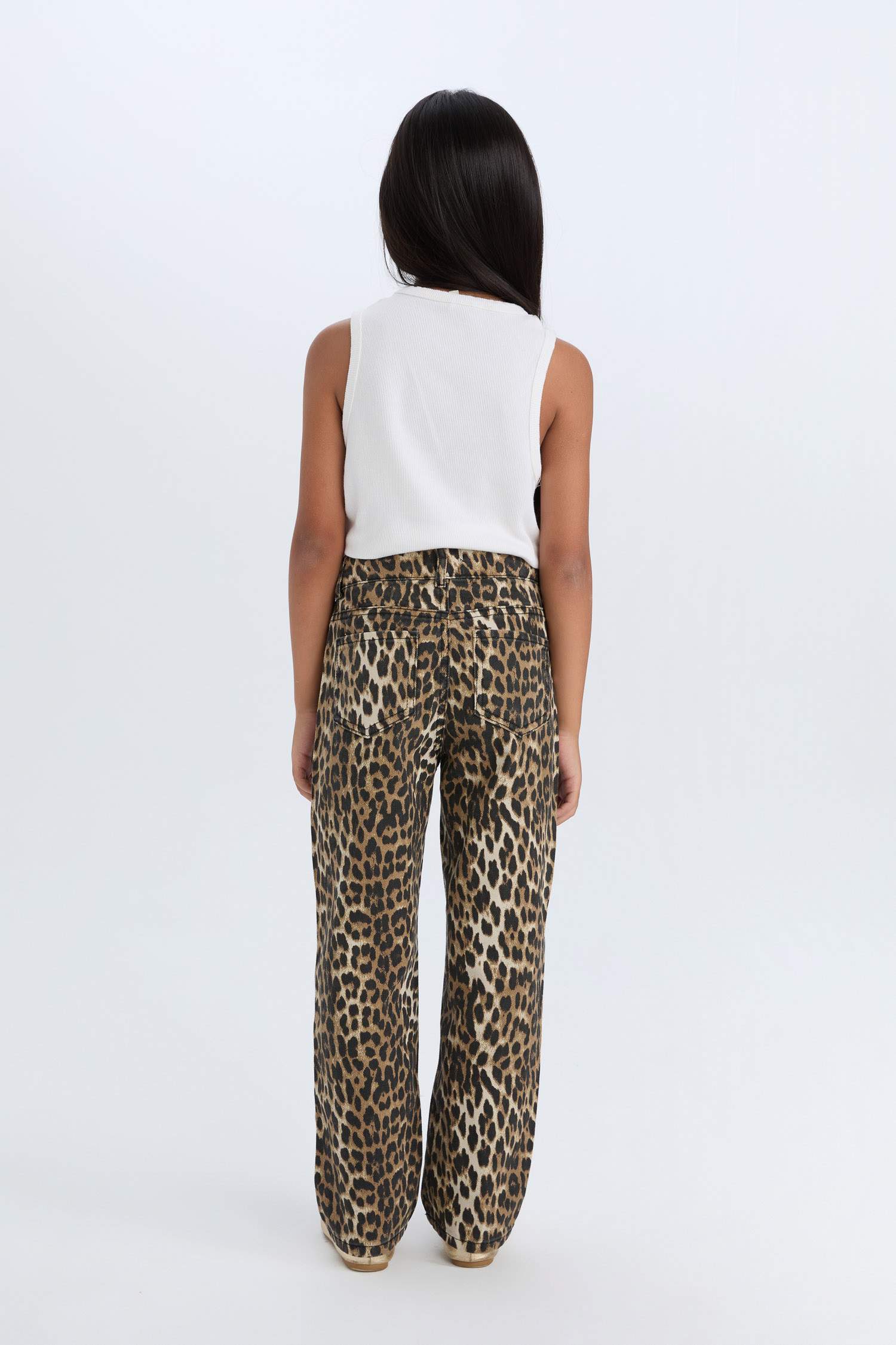 Kız Çocuk Leopar Desenli 90's Wide Leg Düz Paça Gabardin Pantolon