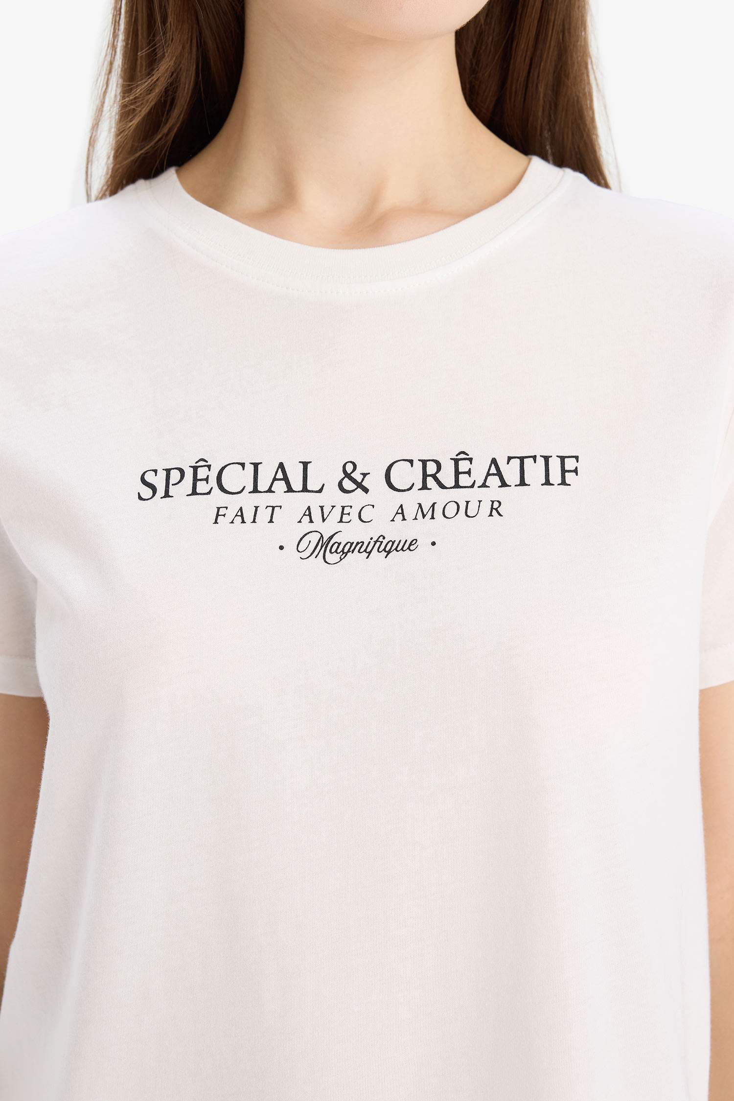 Regular Fit Bisiklet Yaka Baskılı Penye Kısa Kollu  Beyaz Tişört