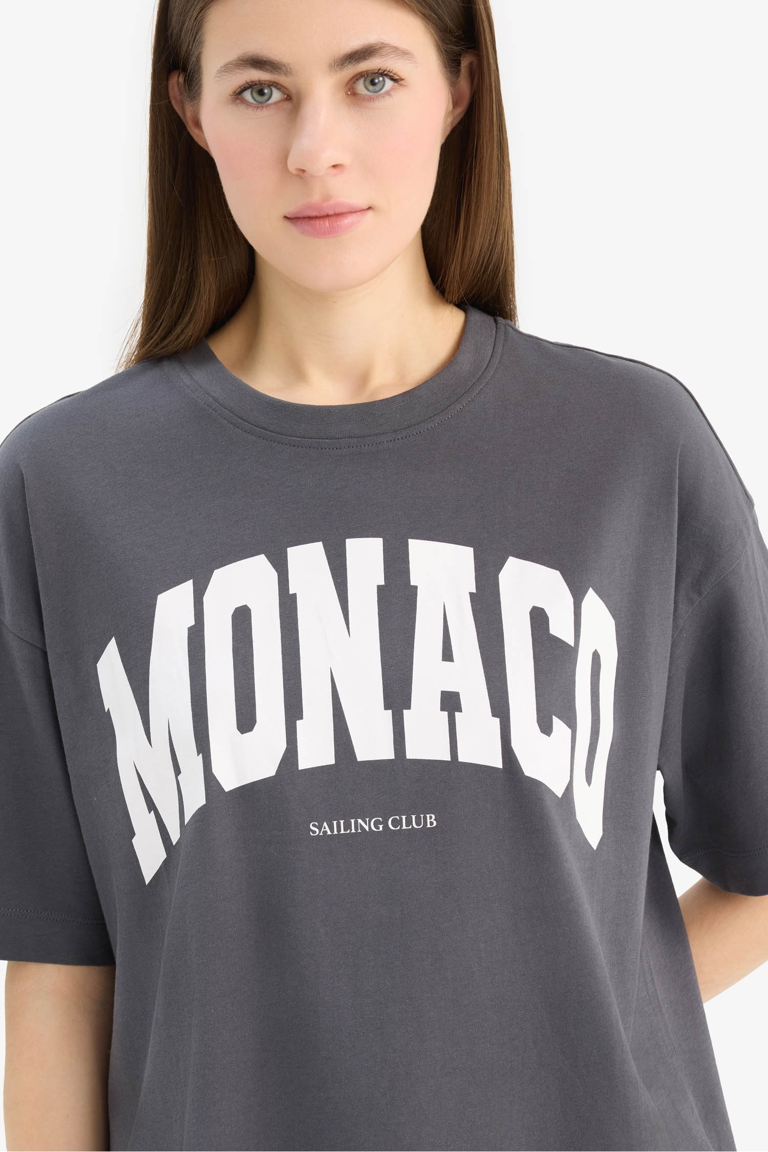 Oversize Geniş Kalıp Bisiklet Yaka Baskılı Penye Kısa Kollu Tişört