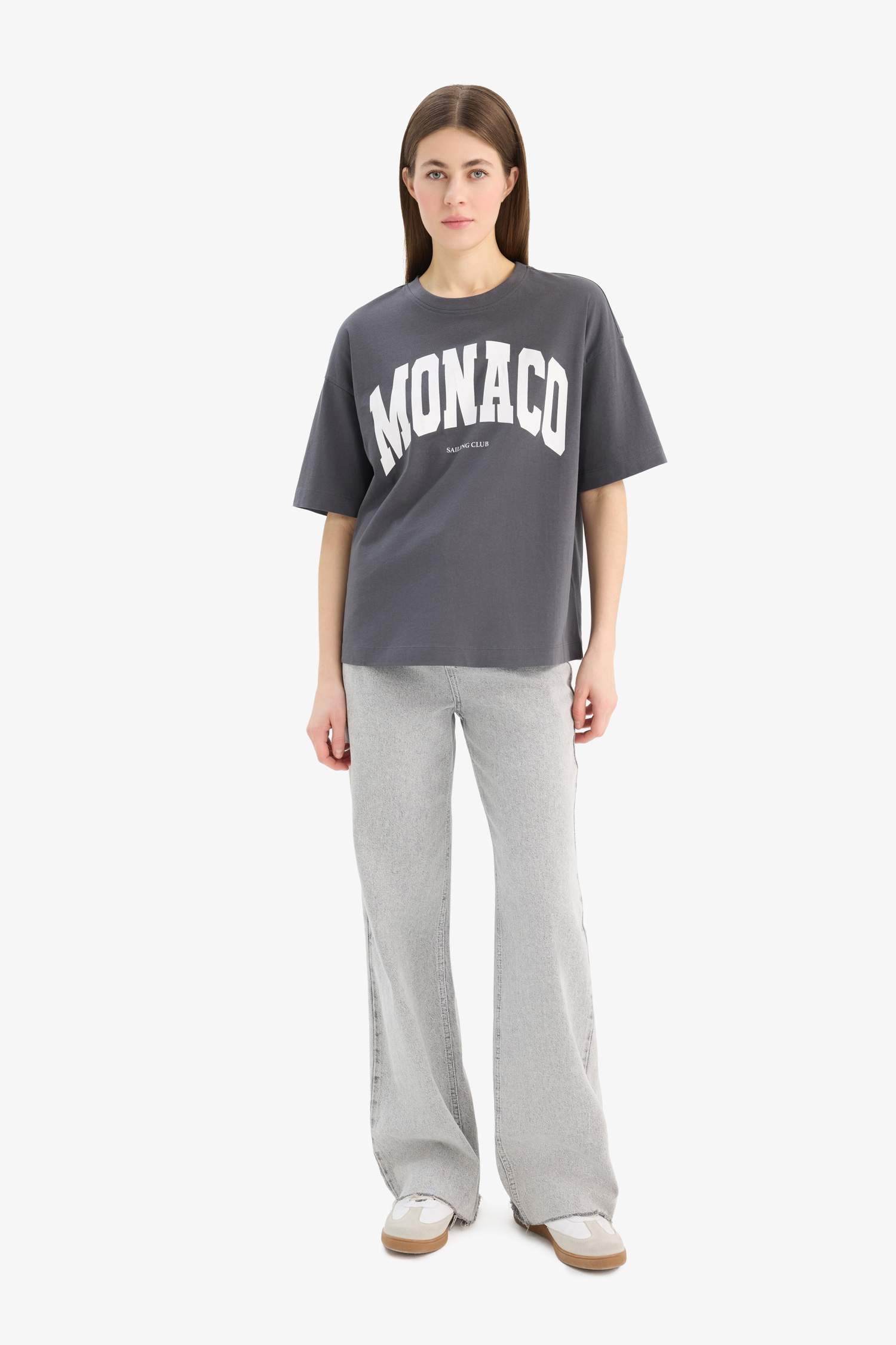 Oversize Geniş Kalıp Bisiklet Yaka Baskılı Penye Kısa Kollu Tişört