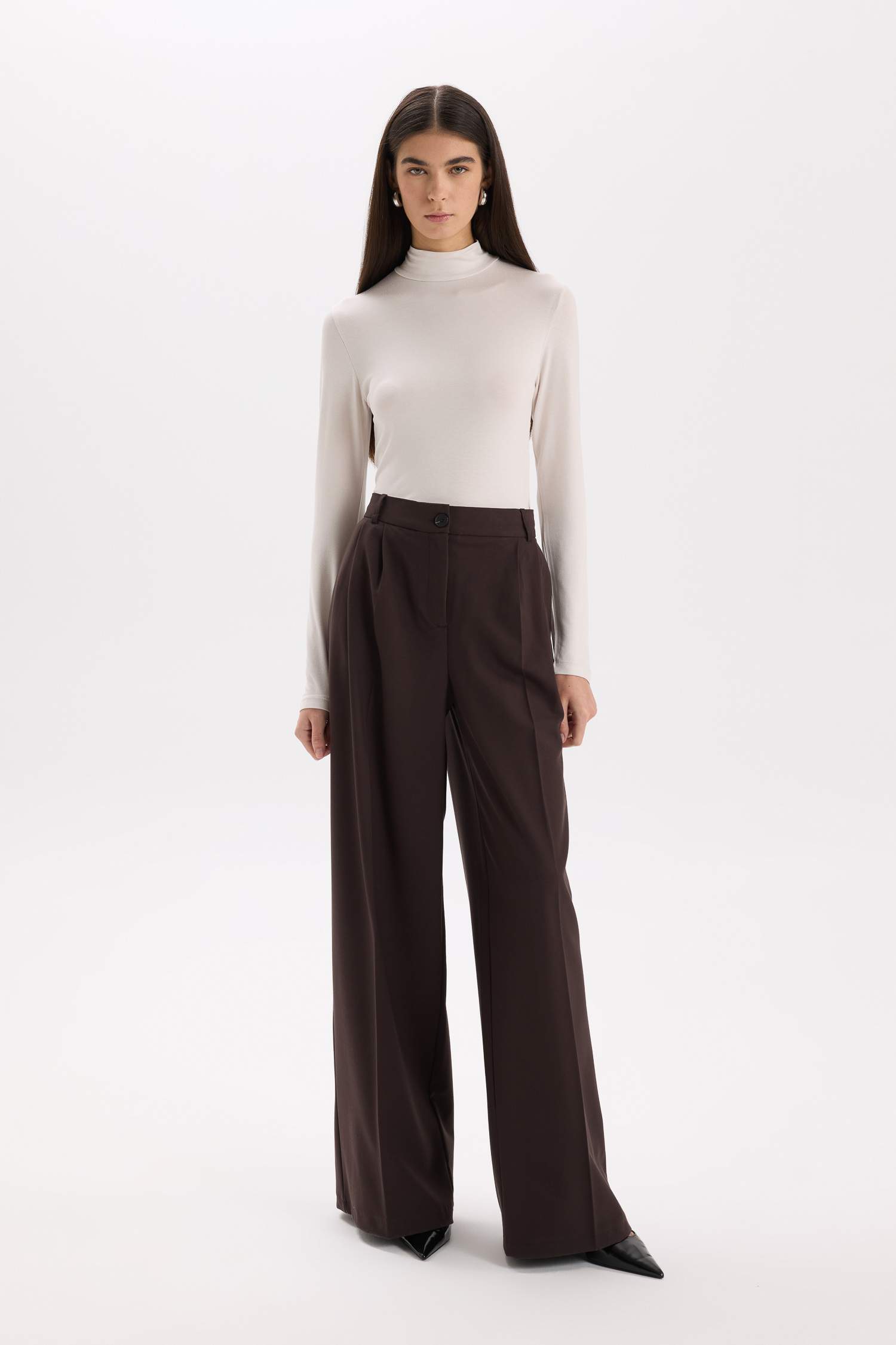 Wide Leg Kışlık Pantolon Geniş Paça Pensli Cepli Yüksek Bel Uzun Boy