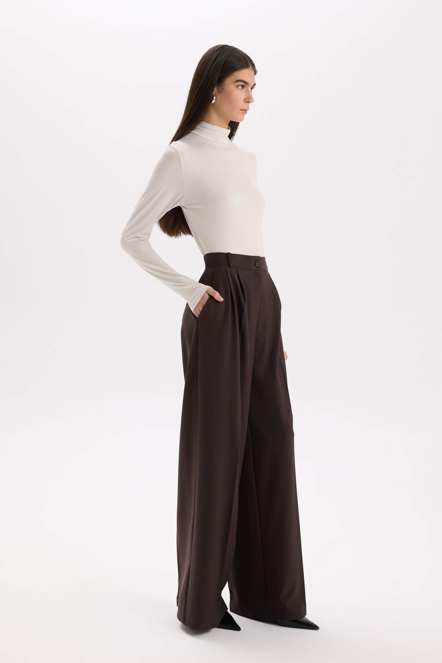 Wide Leg Kışlık Pantolon Geniş Paça Pensli Cepli Yüksek Bel Uzun Boy