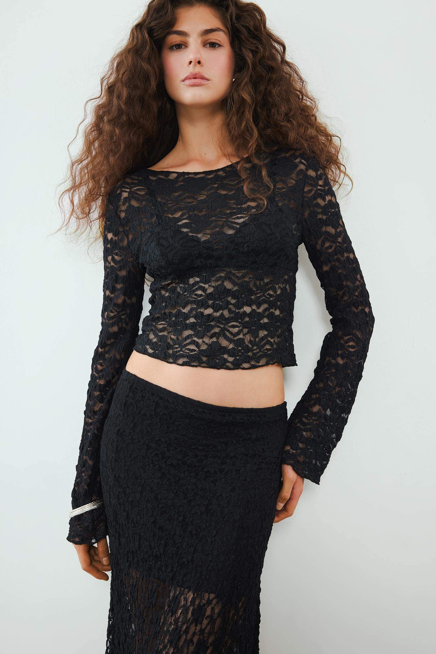 Fitted Dantel Uzun Kollu Tişört