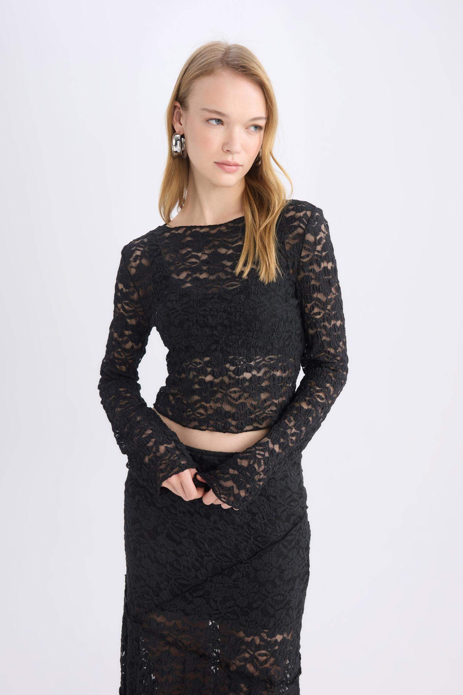 Fitted Dantel Uzun Kollu Tişört