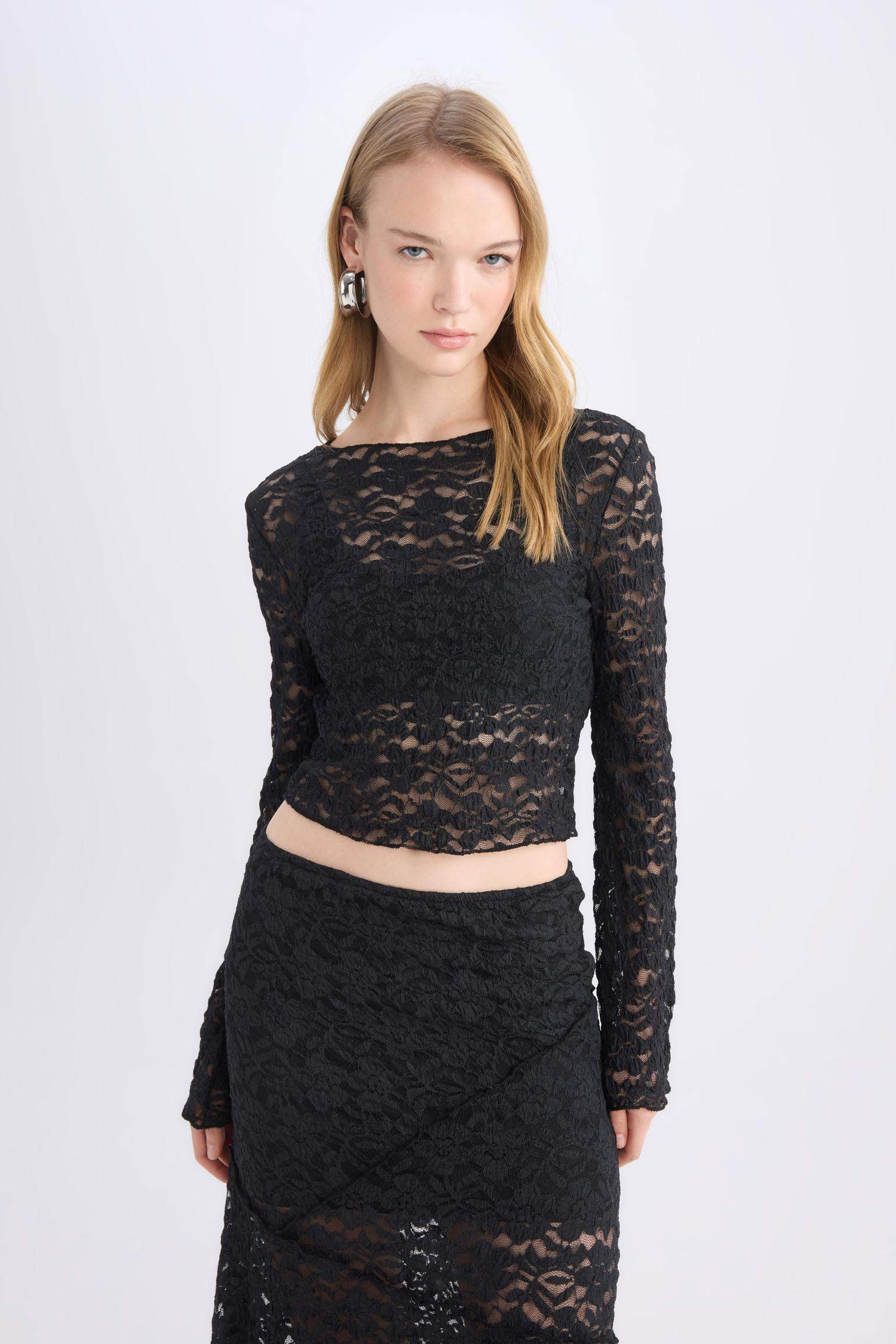 Fitted Dantel Uzun Kollu Tişört