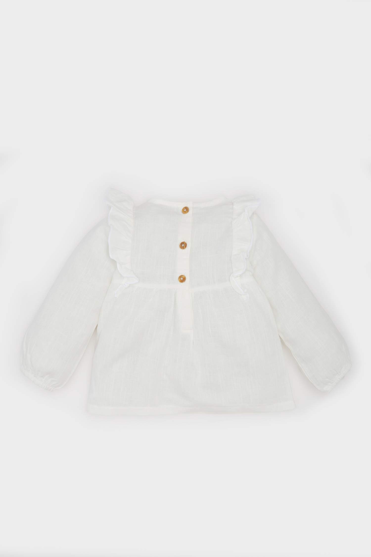 Kız Bebek Bisiklet Yaka Çiçek Nakışlı Flamlı Poplin Uzun Kollu Gömlek