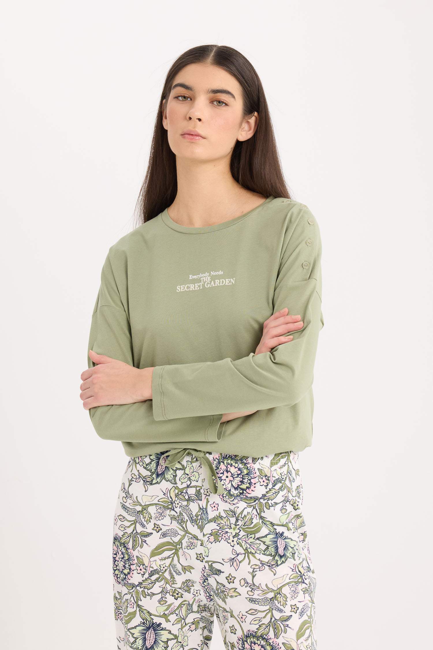 Pijama Takımı Regular Fit Uzun Kollu Baskılı Üst Desenli Uzun Alt-Fall in Love 