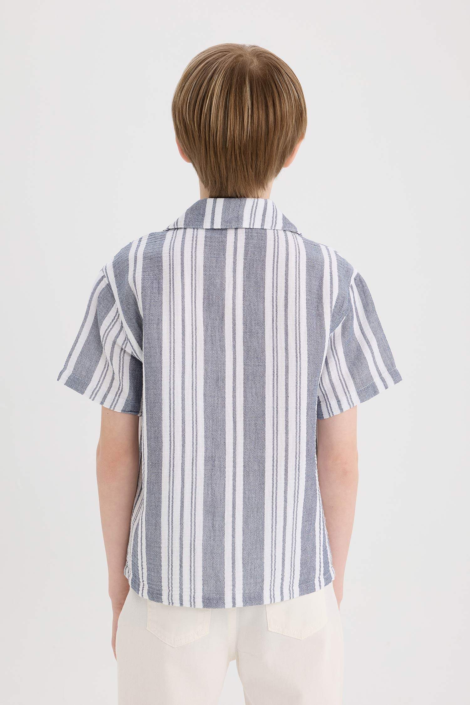 Erkek Çocuk Oversize Geniş Kalıp Polo Yaka Çizgili Kısa Kollu Gömlek
