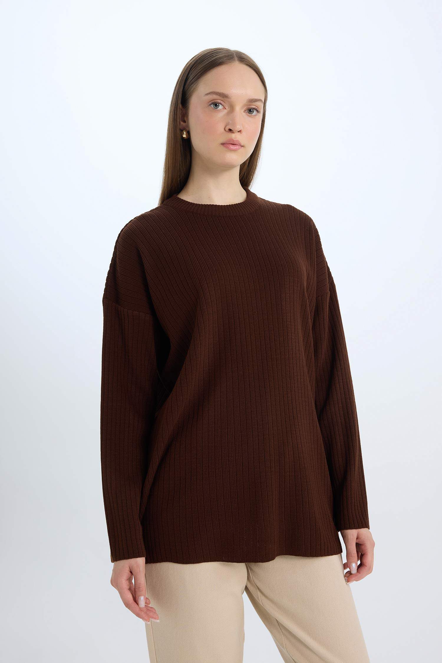 Relax Fit Crew Neck Basic Knit Tunic Pullover