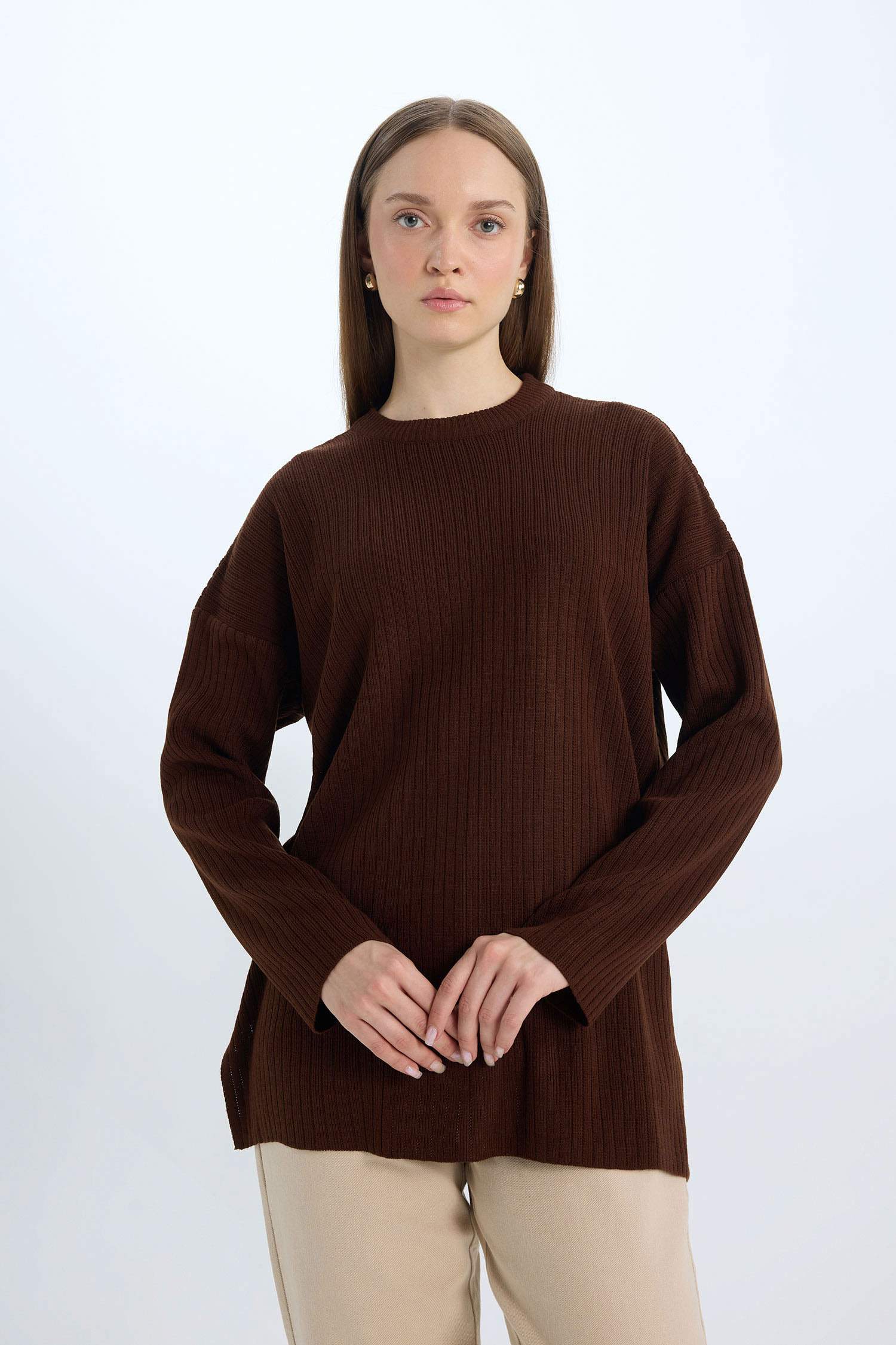Relax Fit Crew Neck Basic Knit Tunic Pullover