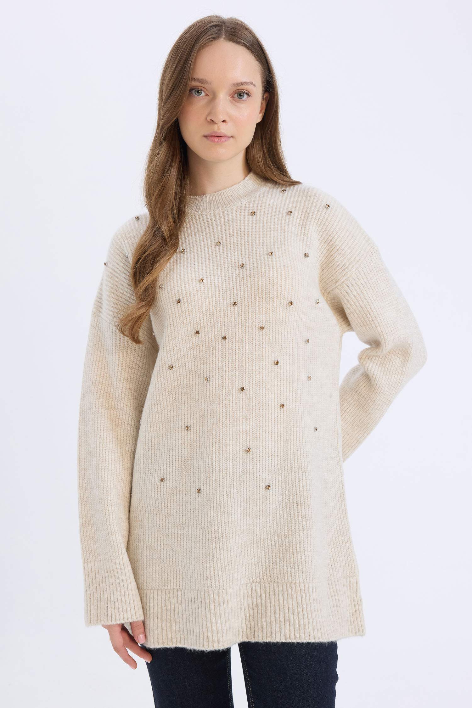 Relax Fit Bisiklet Yaka Taşlı Triko Kazak Tunik