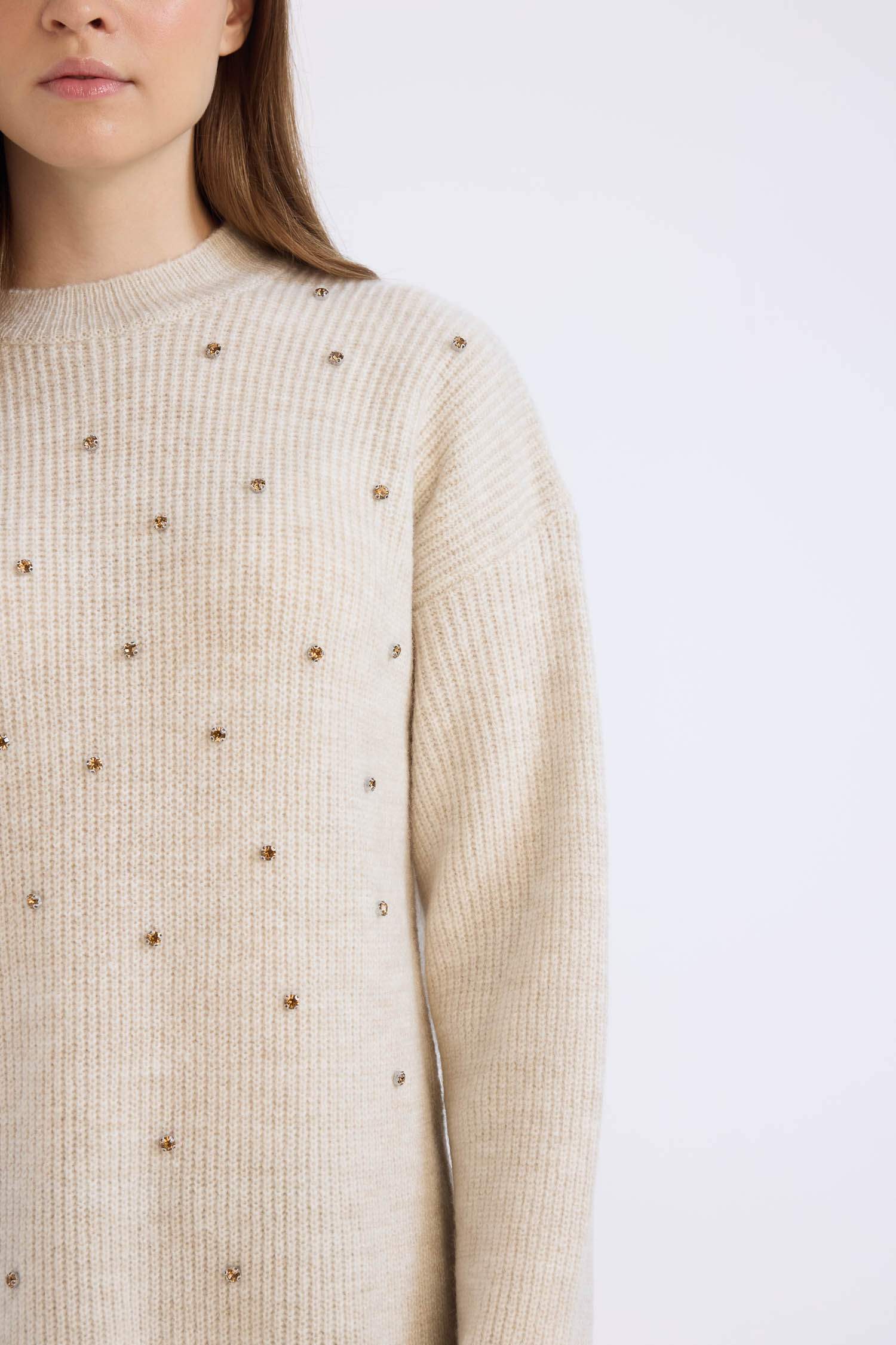 Relax Fit Bisiklet Yaka Taşlı Triko Kazak Tunik