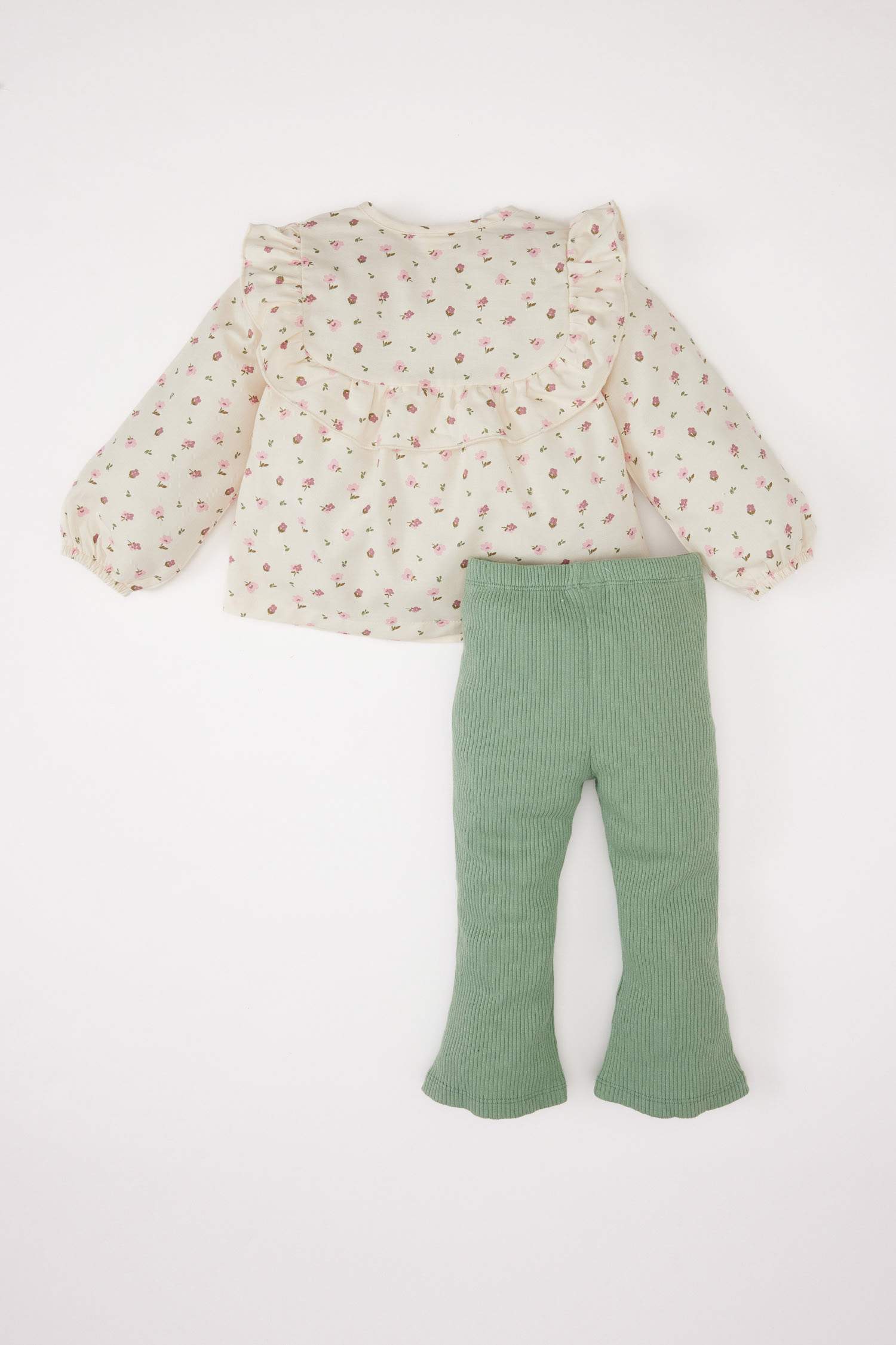 Kız Bebek 2'li Takım Çiçekli Fırfırlı Uzun Kollu Bluz İspanyol Paça Tayt