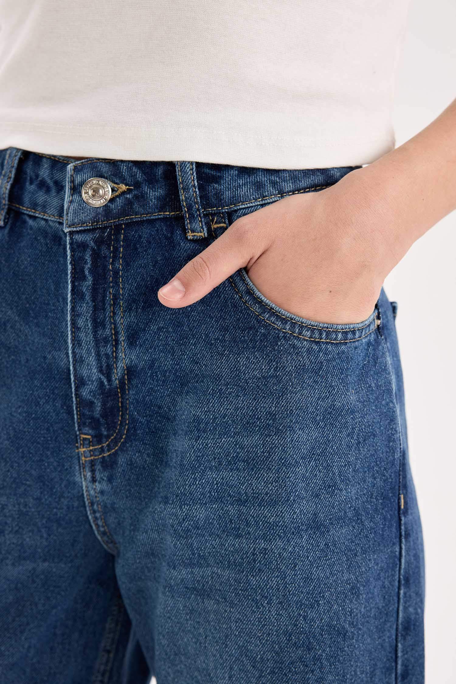 Straight Wide Yüksek Bel Uzun Jean Yıkamalı Pantolon