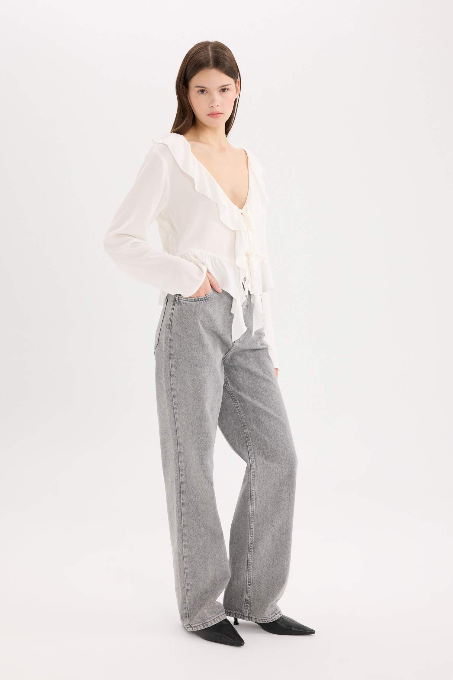 90's Wide Leg High Waist Long Washed Jeans