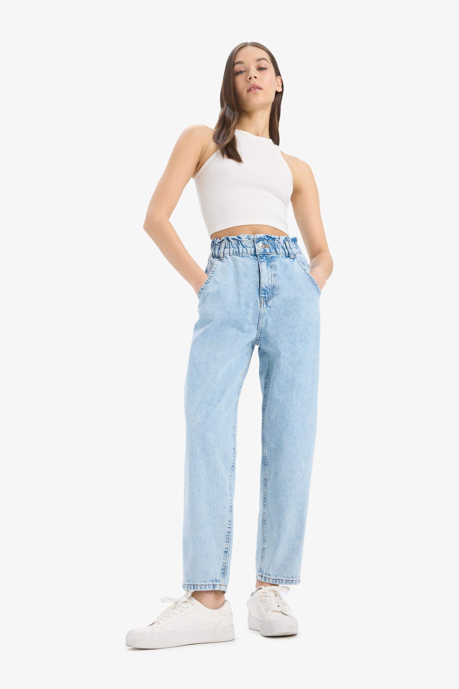 Paperbag Elastic Waist Ankle Length Washed Jeans