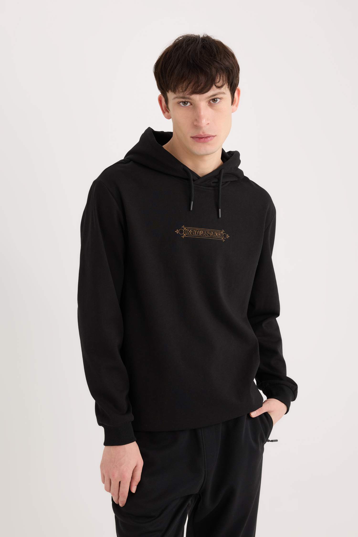 سويت شيرت قصة عادية بغطاء للرأس بطبعة من الخلف