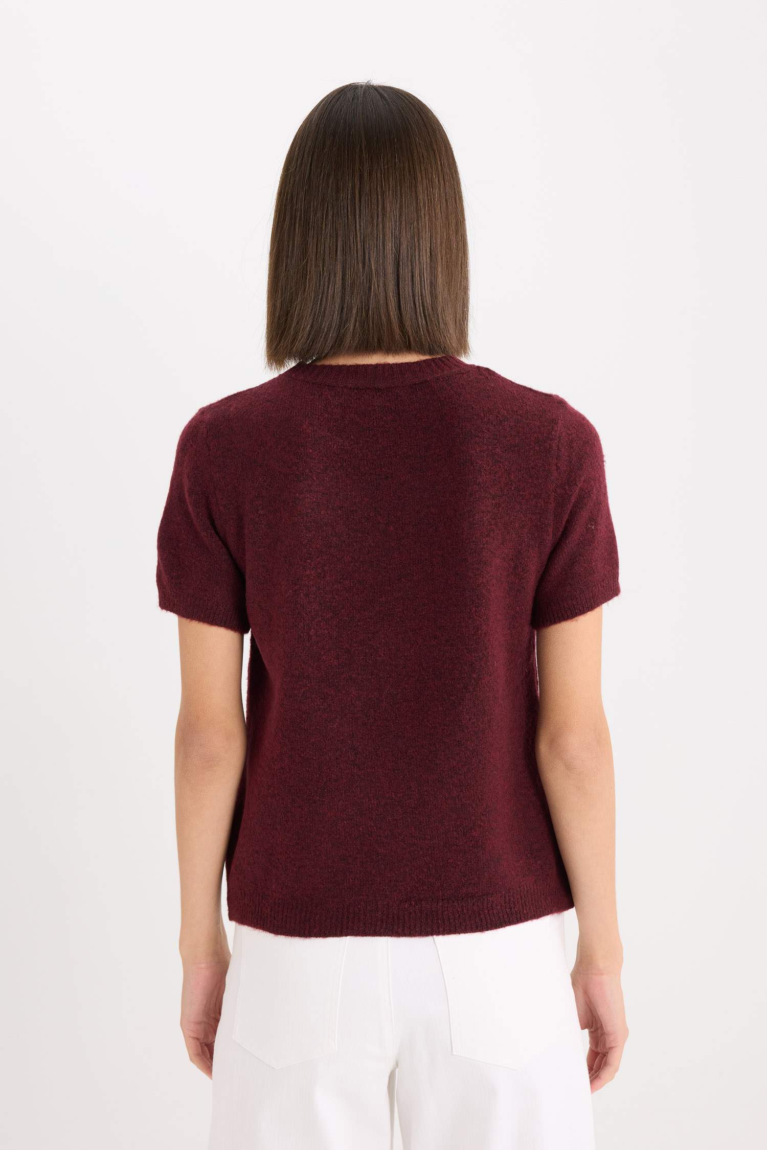 Regular Fit Bisiklet Yaka Basic Düz Triko Kısa Kollu Tişört  Kazak