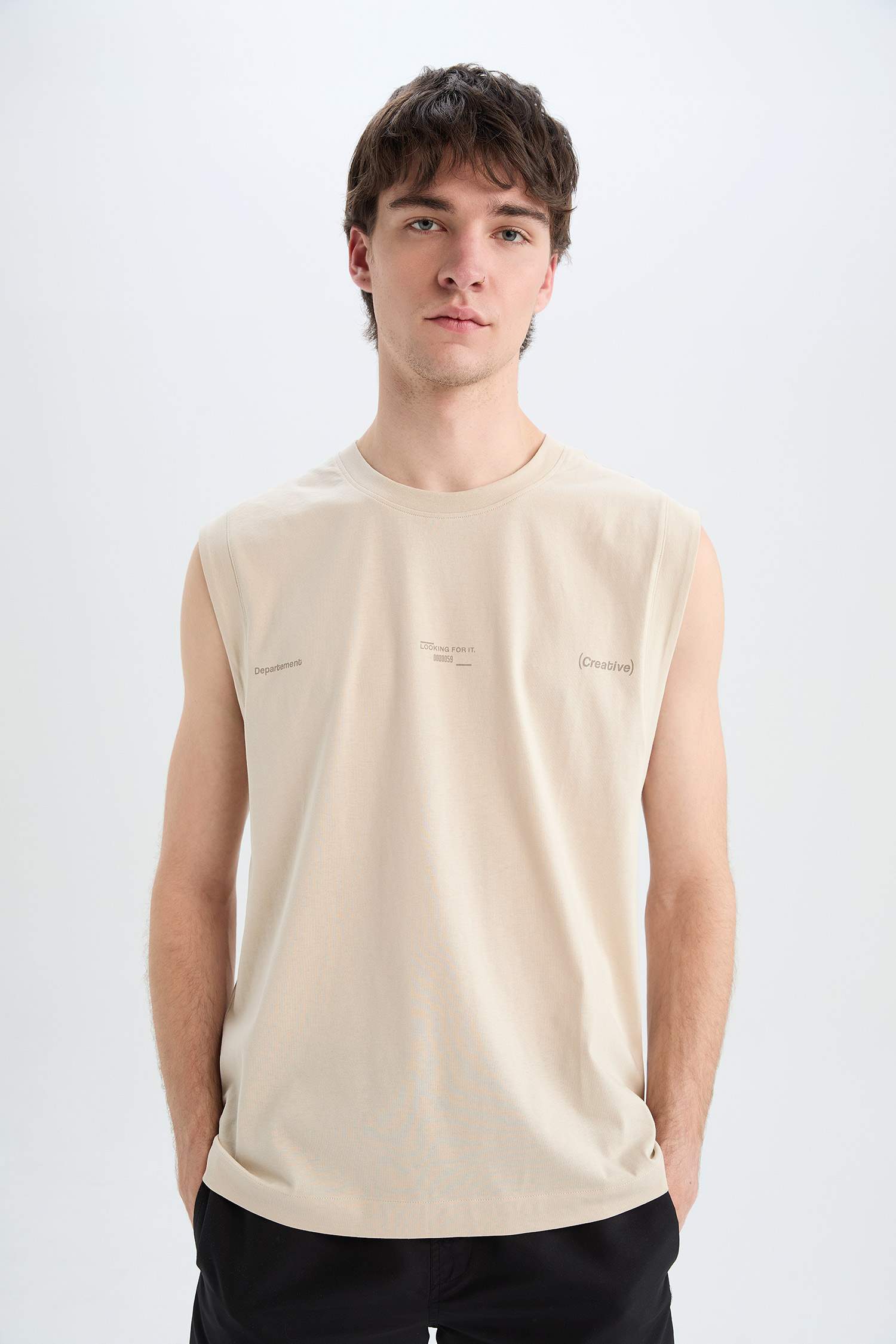 %100 Pamuk Boxy Fit Baskılı Bisiklet Yaka Atlet