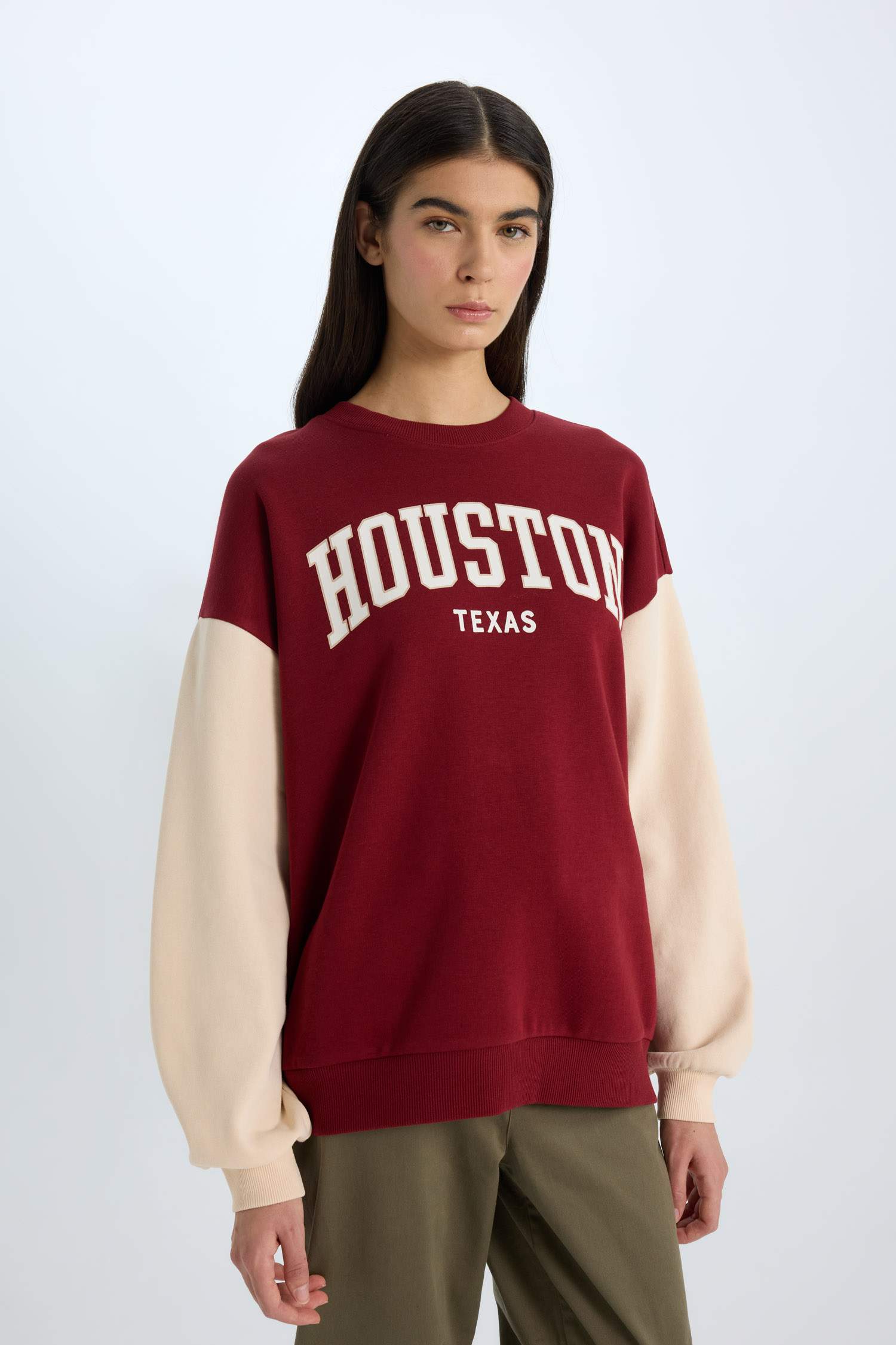 Oversize Geniş Kalıp Bisiklet Yaka Baskılı Kalın Sweatshirt