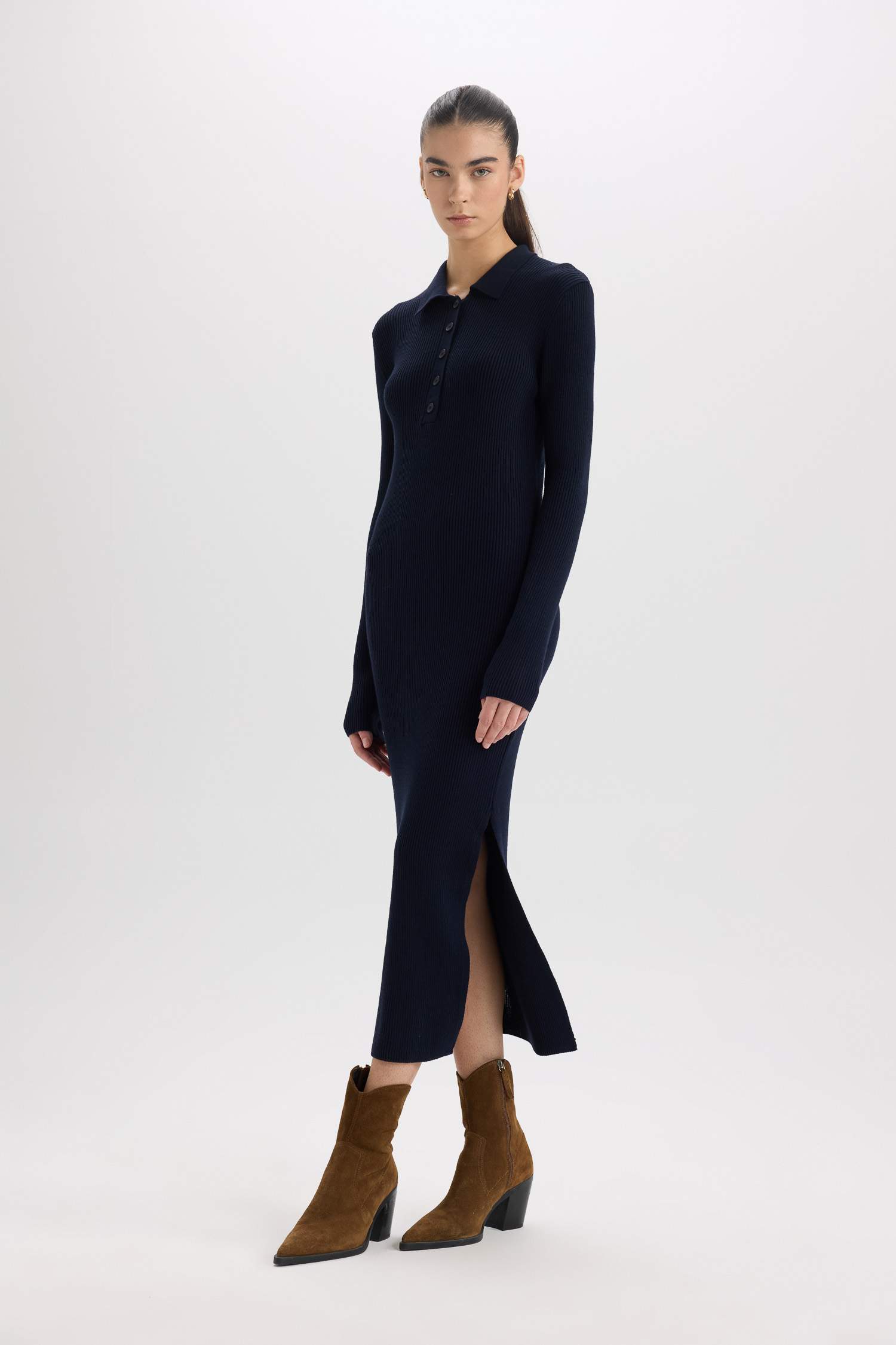 Fitted Polo Neck Basic Slit Long Sleeve Knit Dress