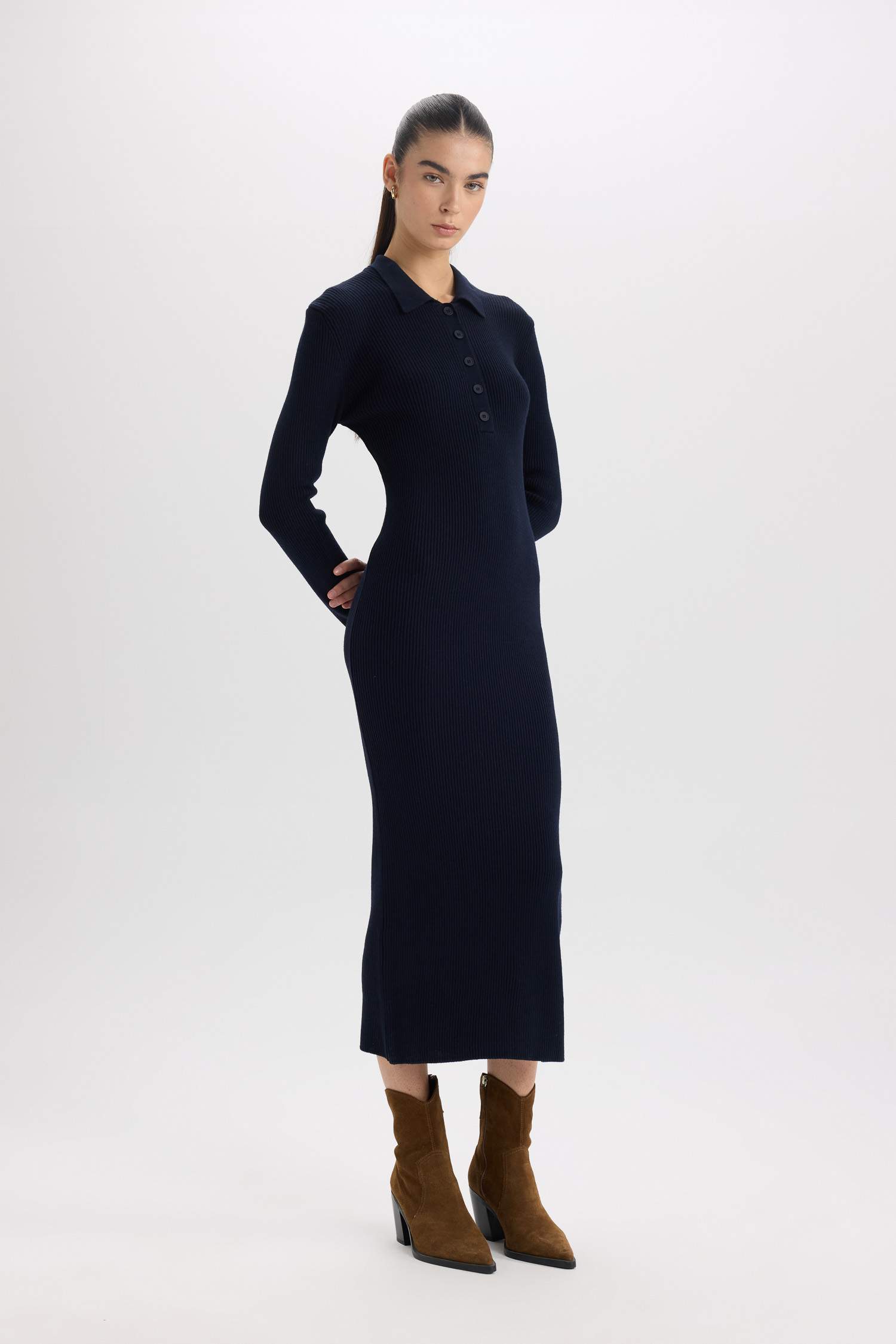 Fitted Polo Neck Basic Slit Long Sleeve Knit Dress