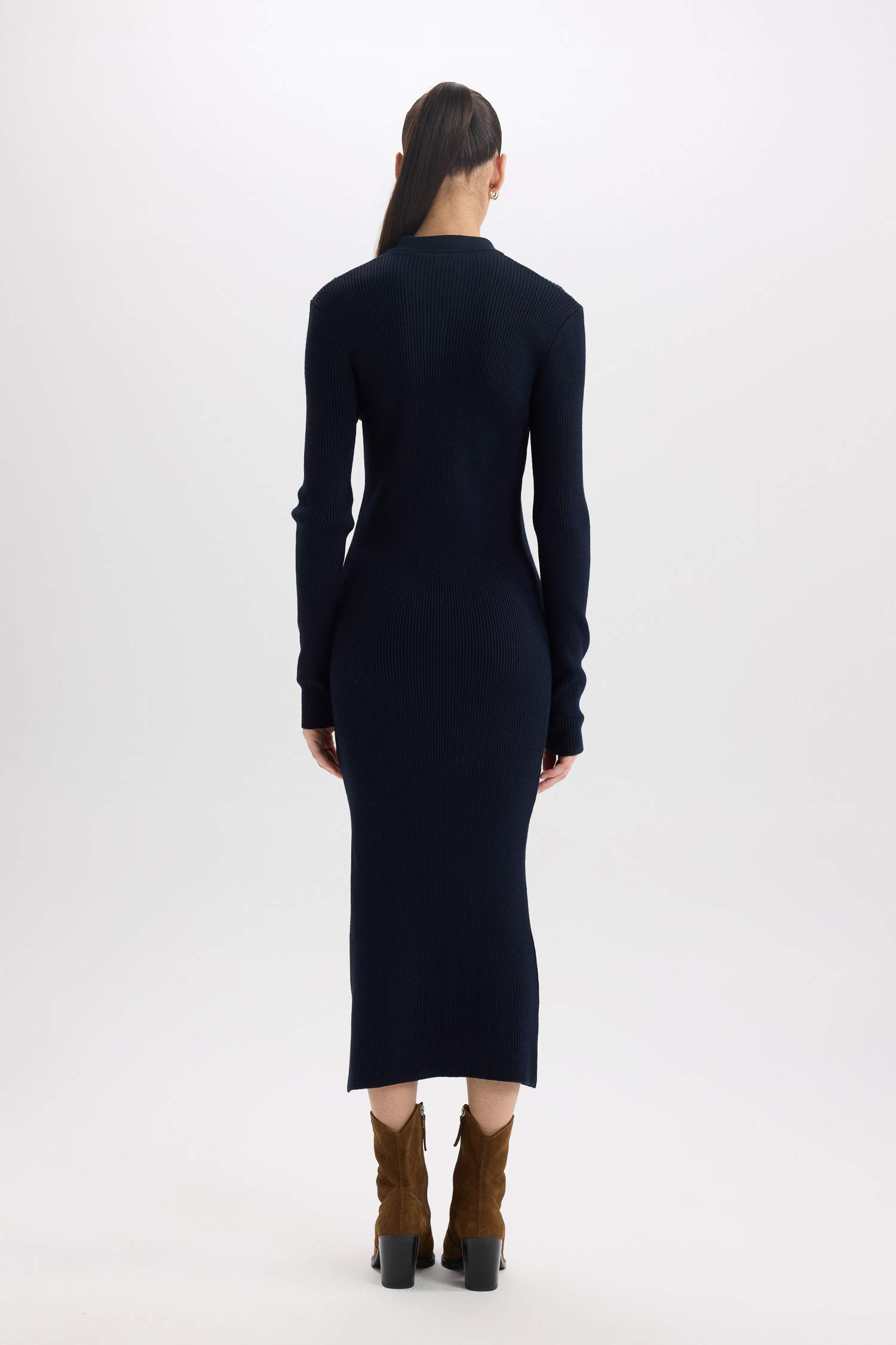 Fitted Polo Neck Basic Slit Long Sleeve Knit Dress