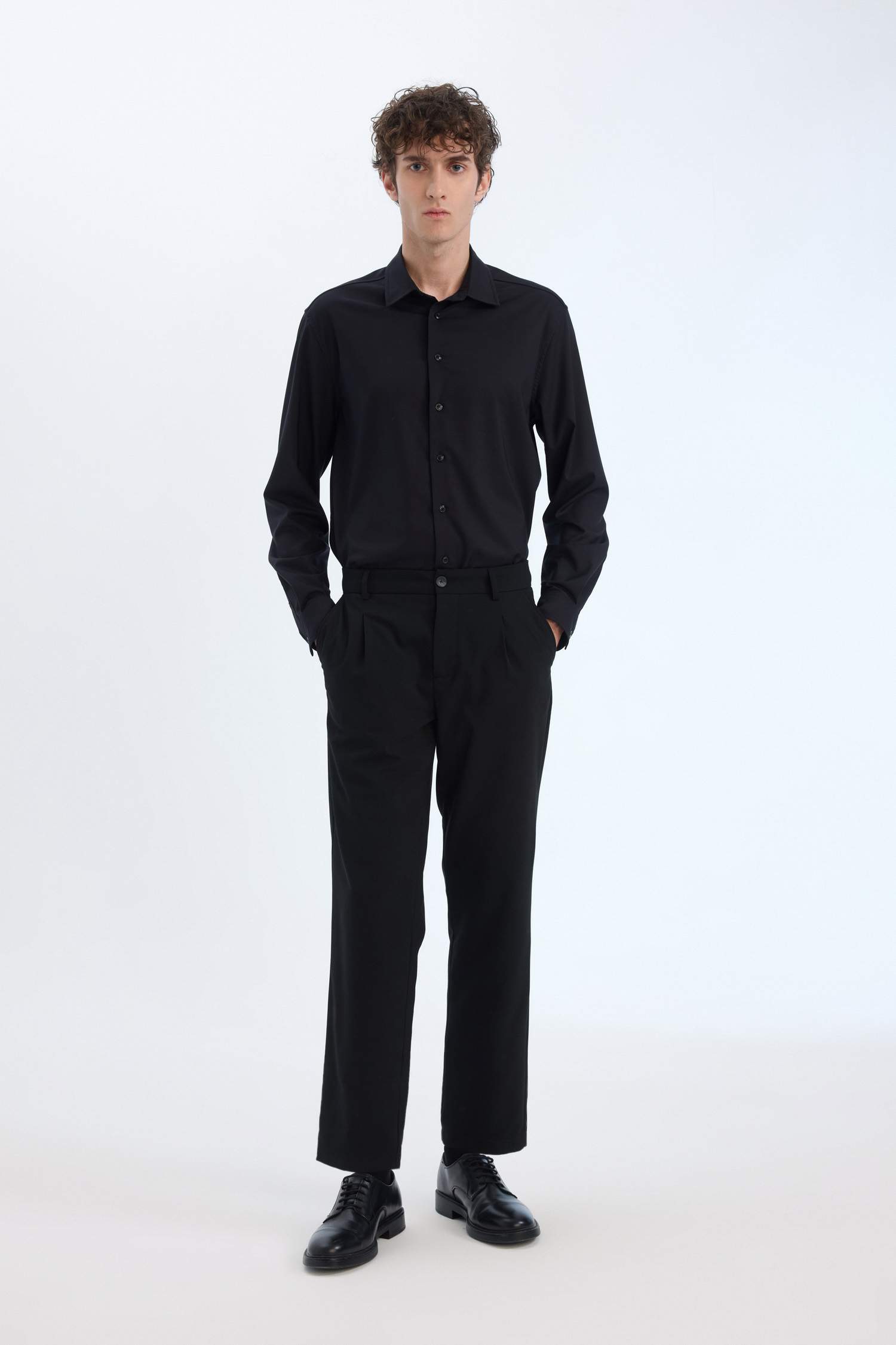 Regular Fit Polo Yaka Uzun Kollu Siyah Gömlek