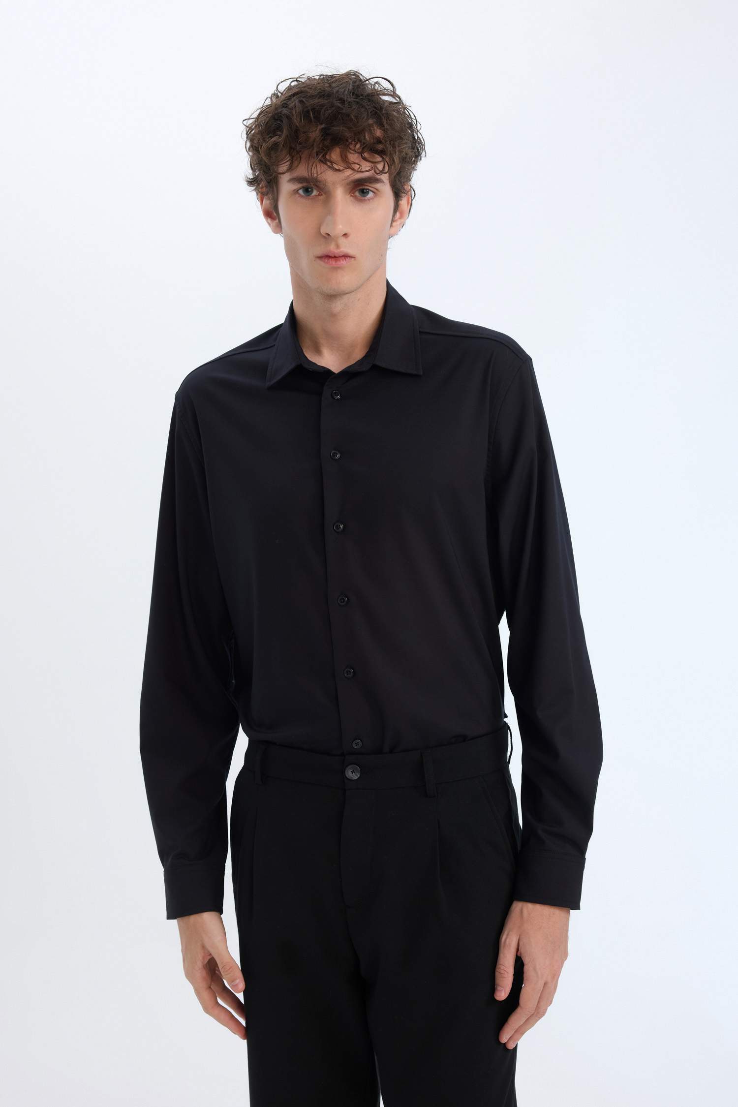 Regular Fit Polo Yaka Uzun Kollu Siyah Gömlek