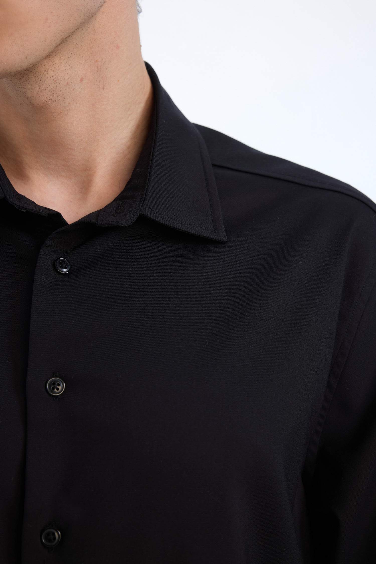 Regular Fit Polo Yaka Uzun Kollu Siyah Gömlek