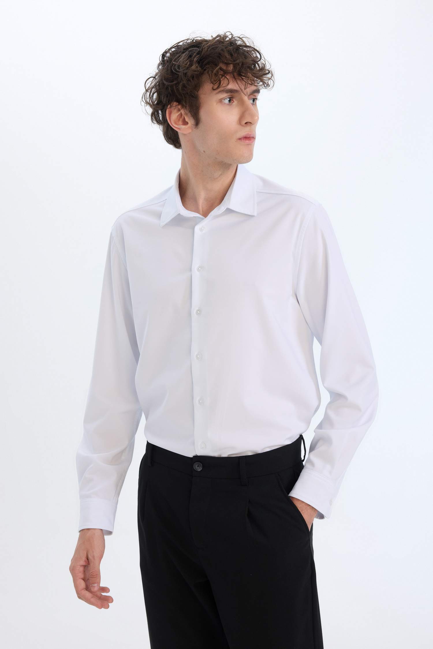 Regular Fit Polo Yaka Uzun Kollu Beyaz Gömlek