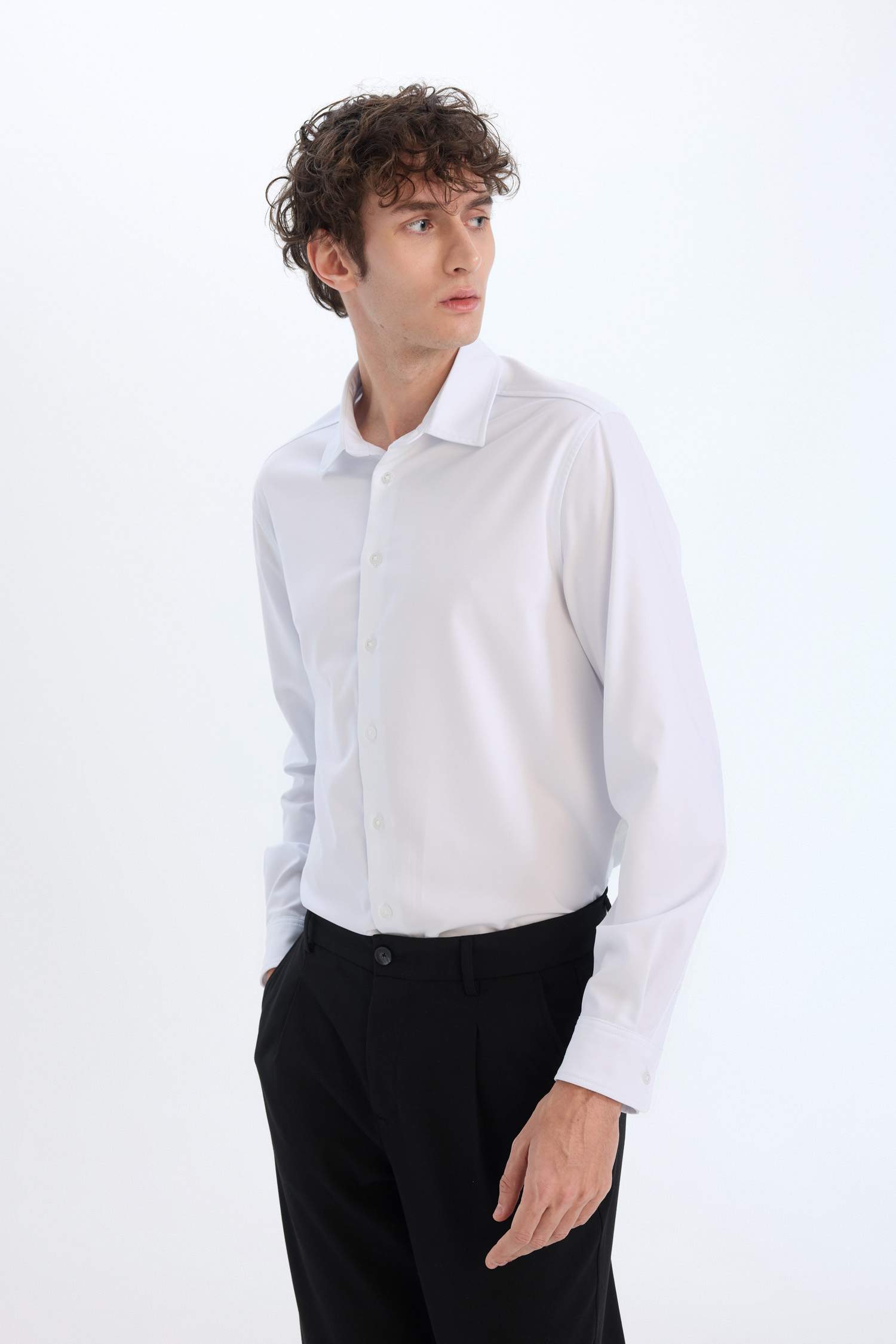 Regular Fit Polo Yaka Uzun Kollu Beyaz Gömlek
