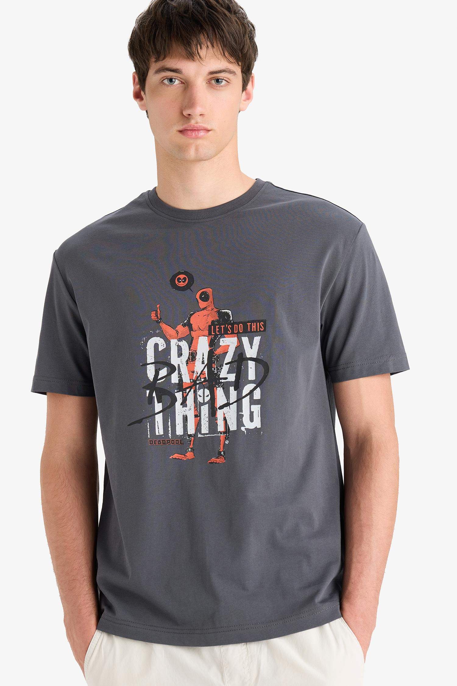 تيشيرت مطبوع قصة عادية بياخة مستديرة من ديدبول