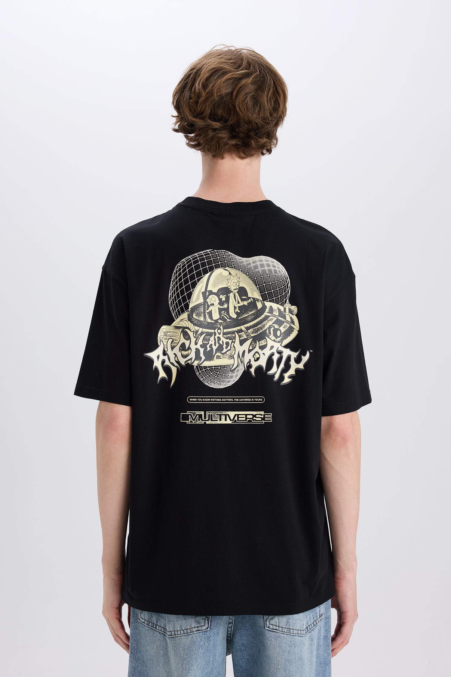 %100 Pamuk Rick and Morty Boxy Fit Bisiklet Yaka Sırt Baskılı Kısa Kollu Tişört