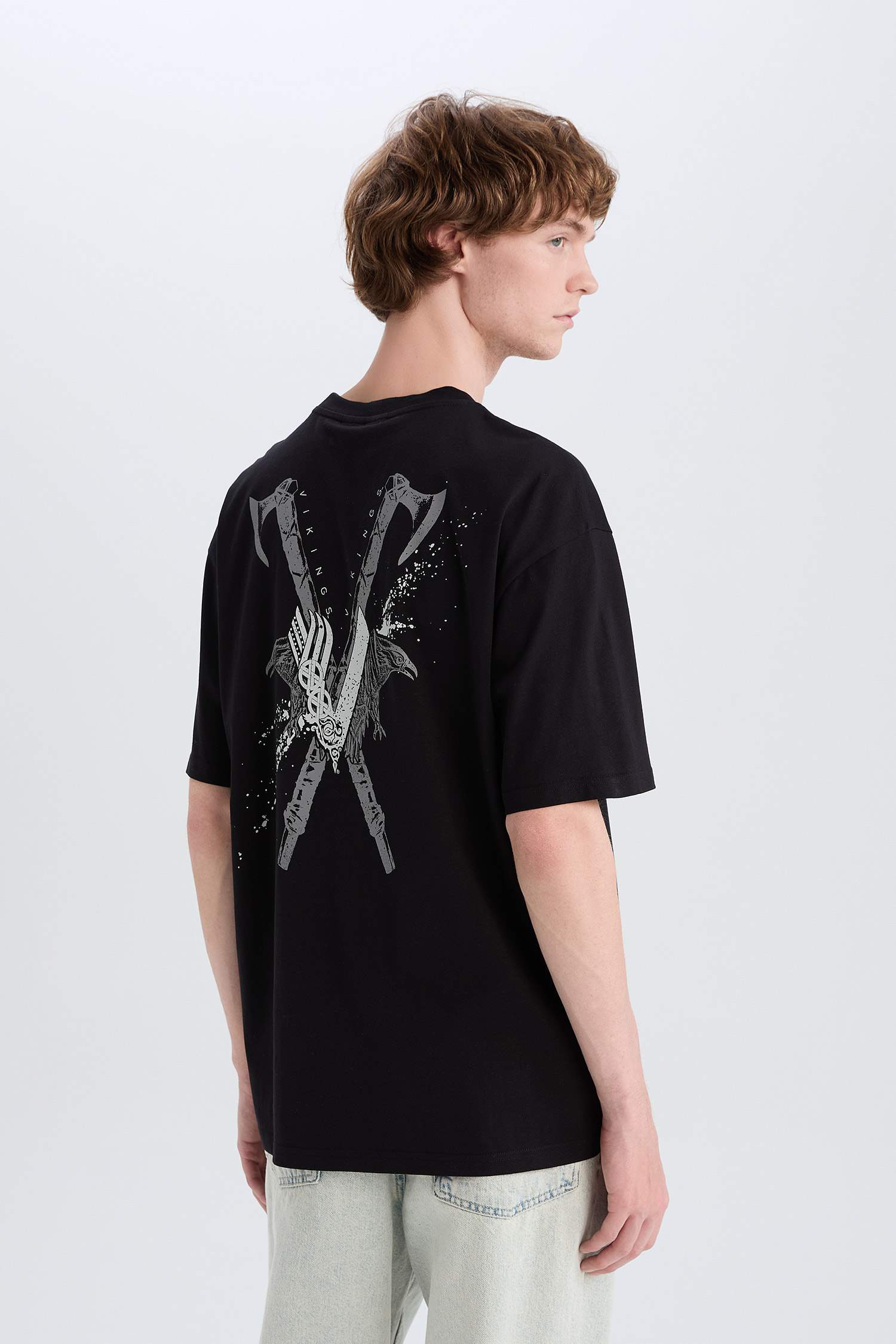 T-shirt boxy en coton imprimé Vikings Valhalla à col rond