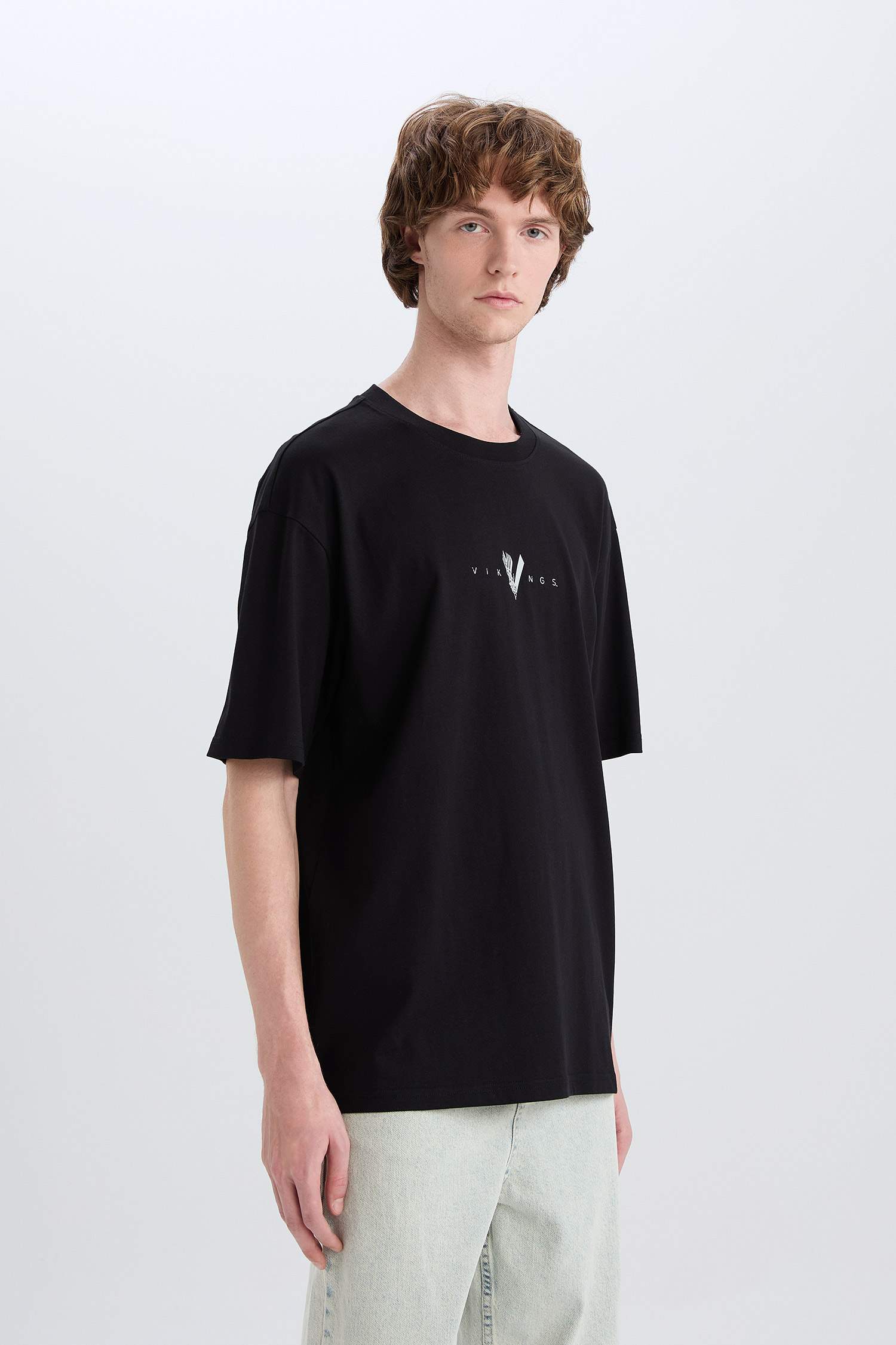 T-shirt boxy en coton imprimé Vikings Valhalla à col rond