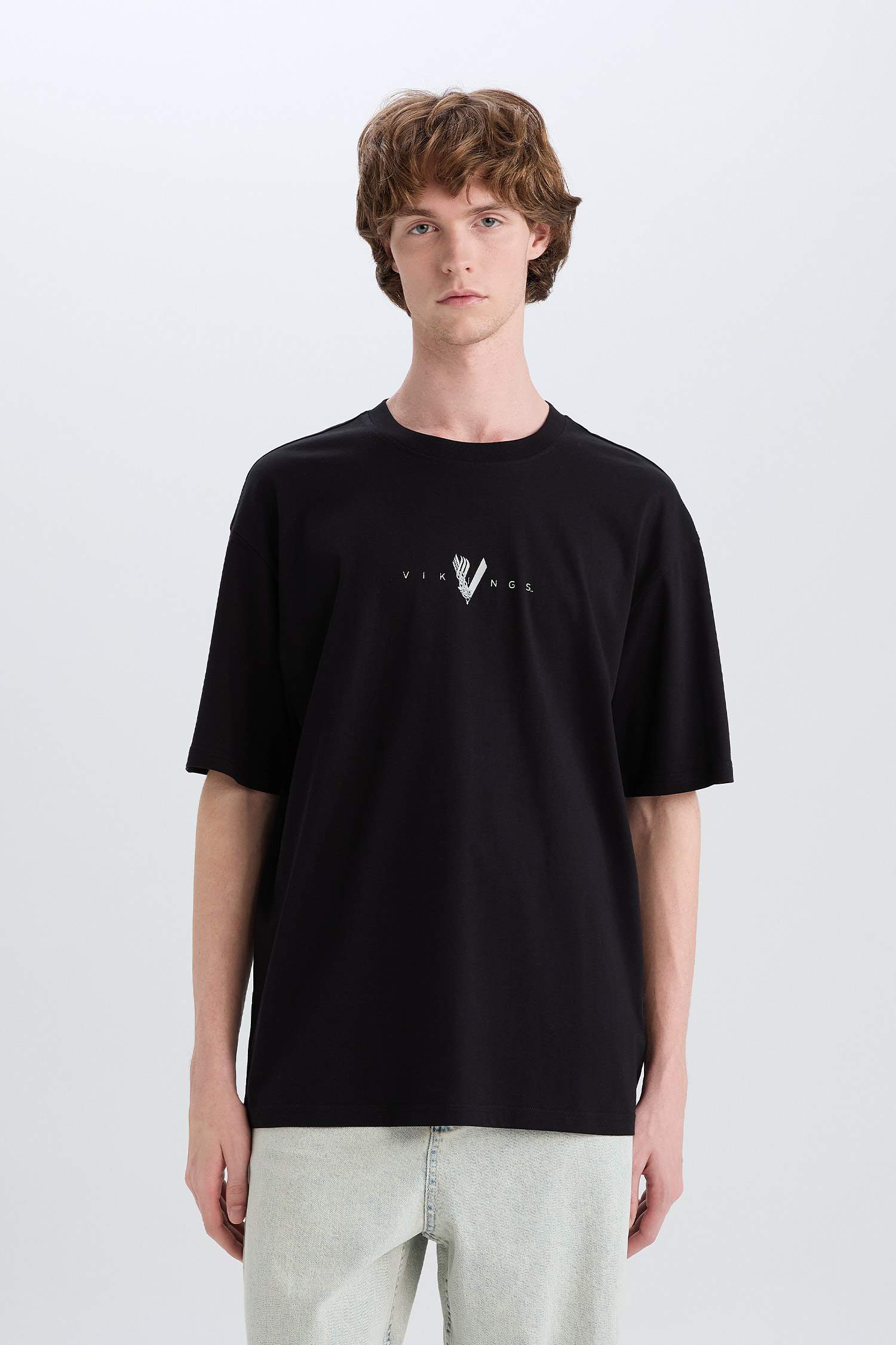 T-shirt boxy en coton imprimé Vikings Valhalla à col rond