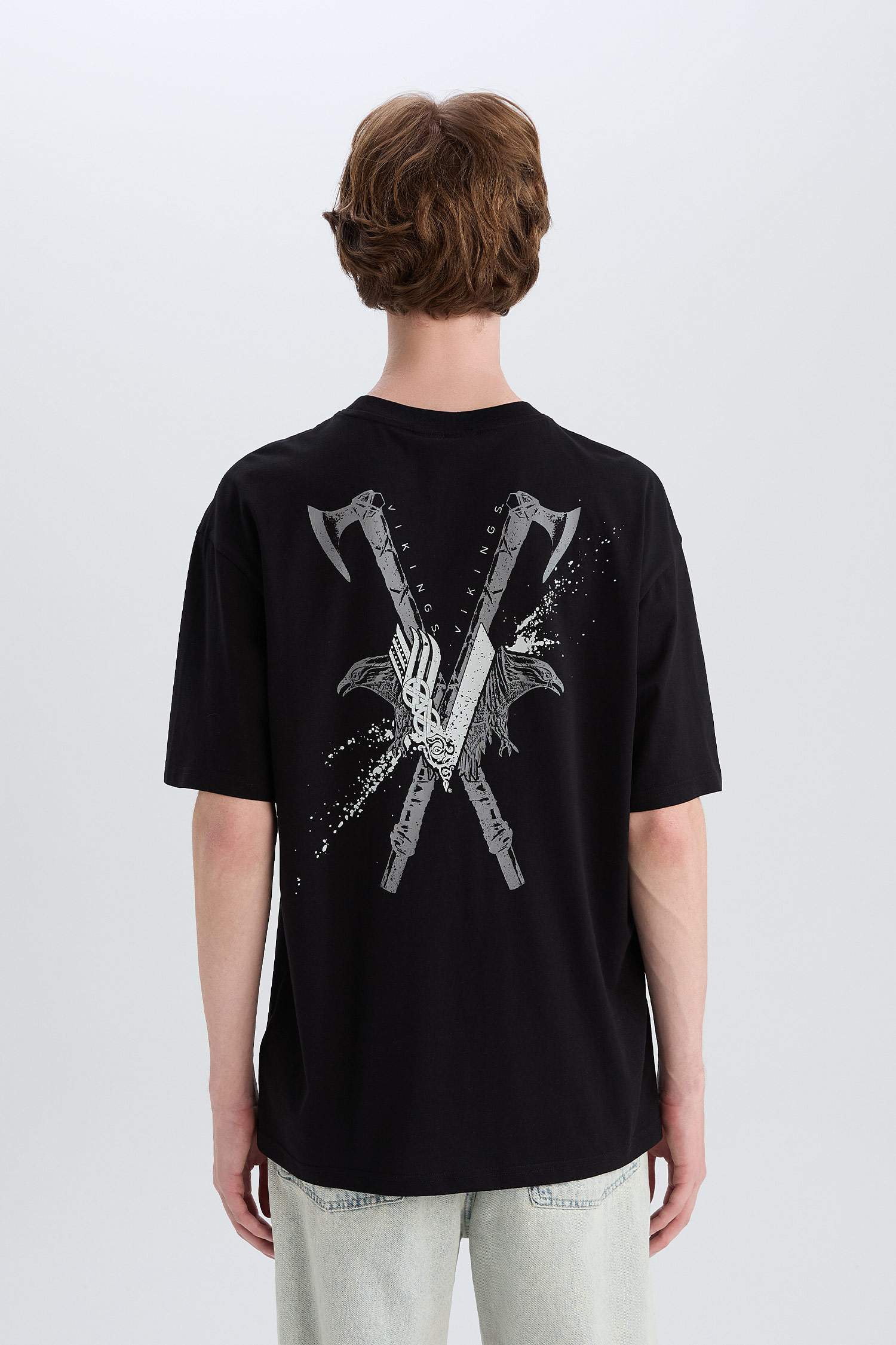 T-shirt boxy en coton imprimé Vikings Valhalla à col rond