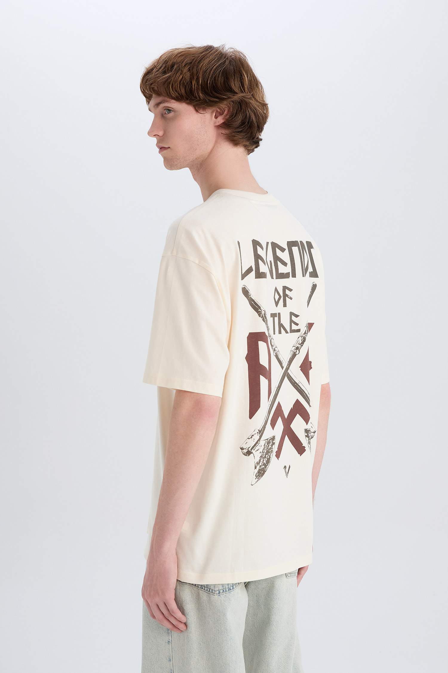 %100 Pamuk Vikings Valhalla Boxy Fit Bisiklet Yaka Sırt Baskılı Kısa Kollu Tişört