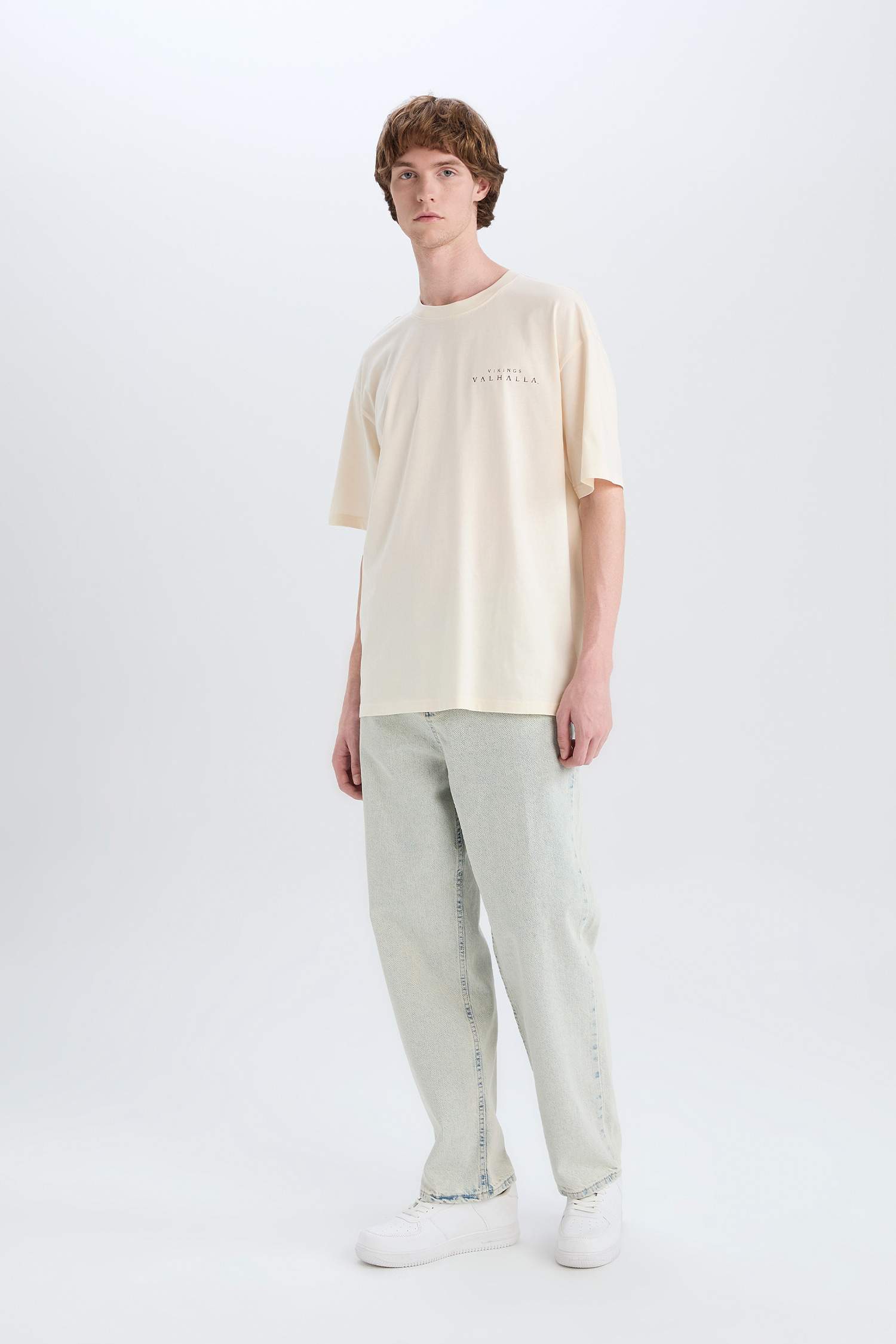 %100 Pamuk Vikings Valhalla Boxy Fit Bisiklet Yaka Sırt Baskılı Kısa Kollu Tişört