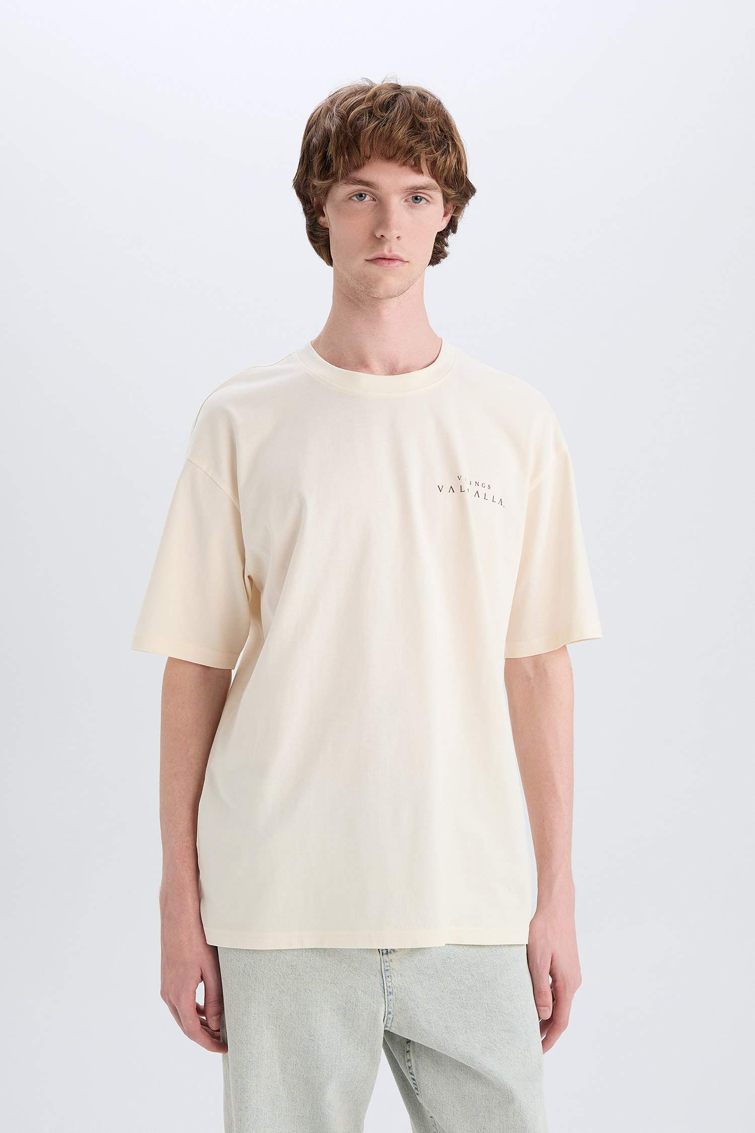 %100 Pamuk Vikings Valhalla Boxy Fit Bisiklet Yaka Sırt Baskılı Kısa Kollu Tişört