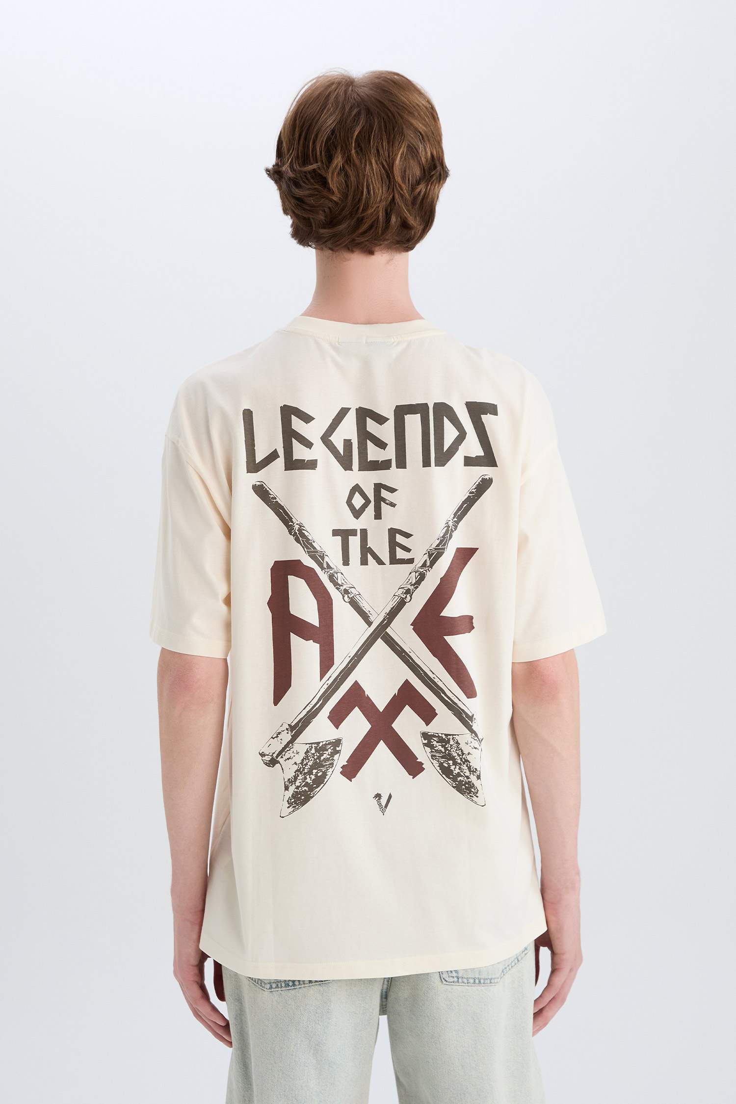 %100 Pamuk Vikings Valhalla Boxy Fit Bisiklet Yaka Sırt Baskılı Kısa Kollu Tişört