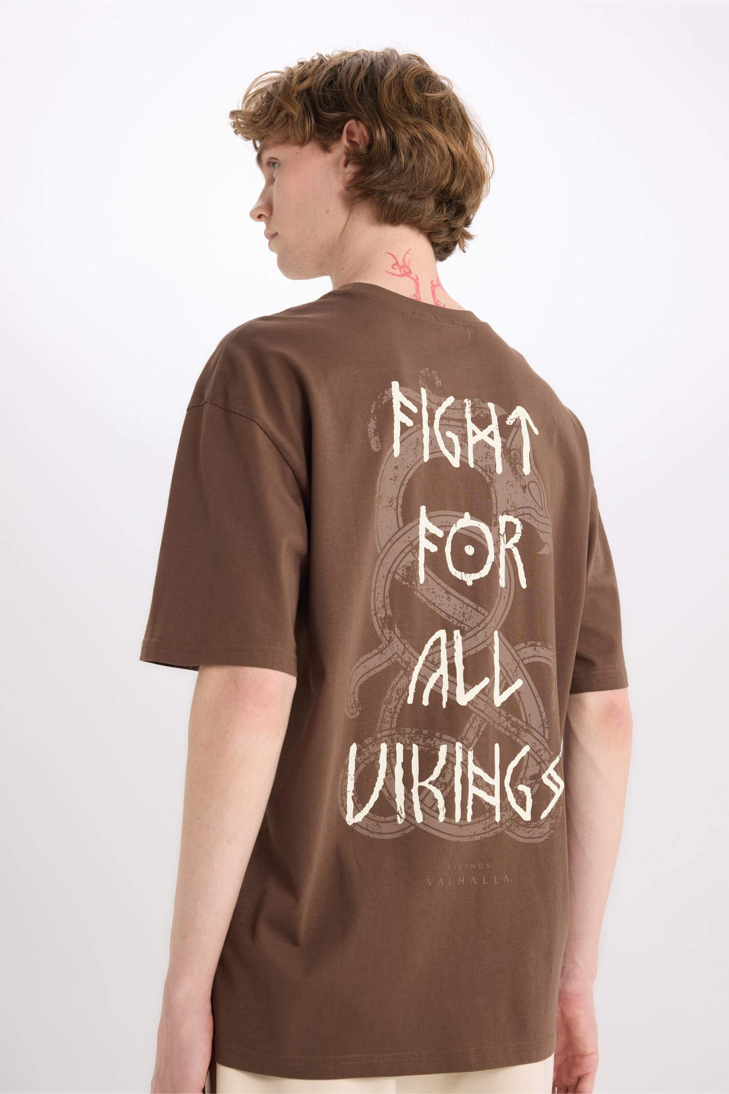 %100 Pamuk Vikings Valhalla Boxy Fit Bisiklet Yaka Sırt Baskılı Kısa Kollu Tişört