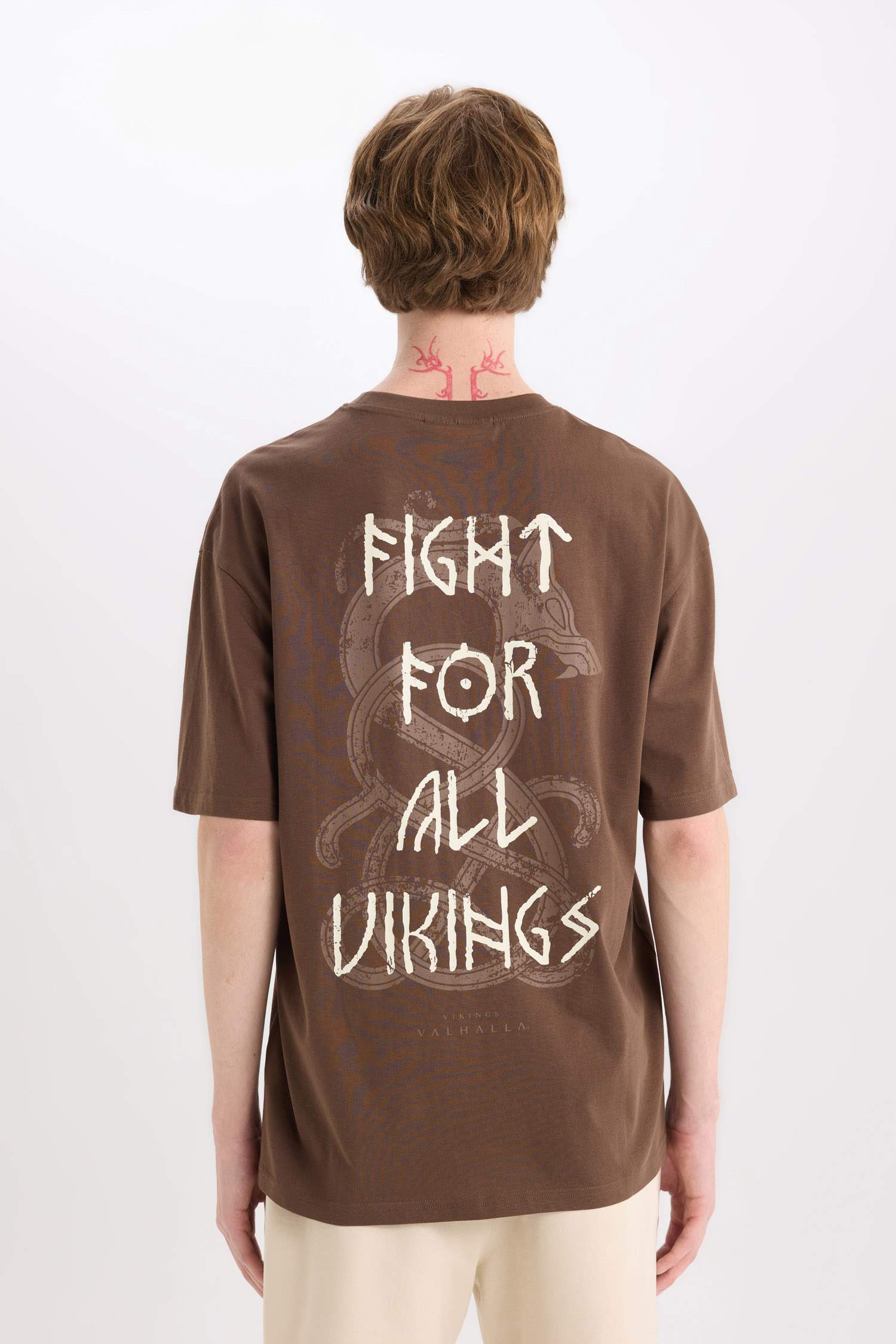 %100 Pamuk Vikings Valhalla Boxy Fit Bisiklet Yaka Sırt Baskılı Kısa Kollu Tişört