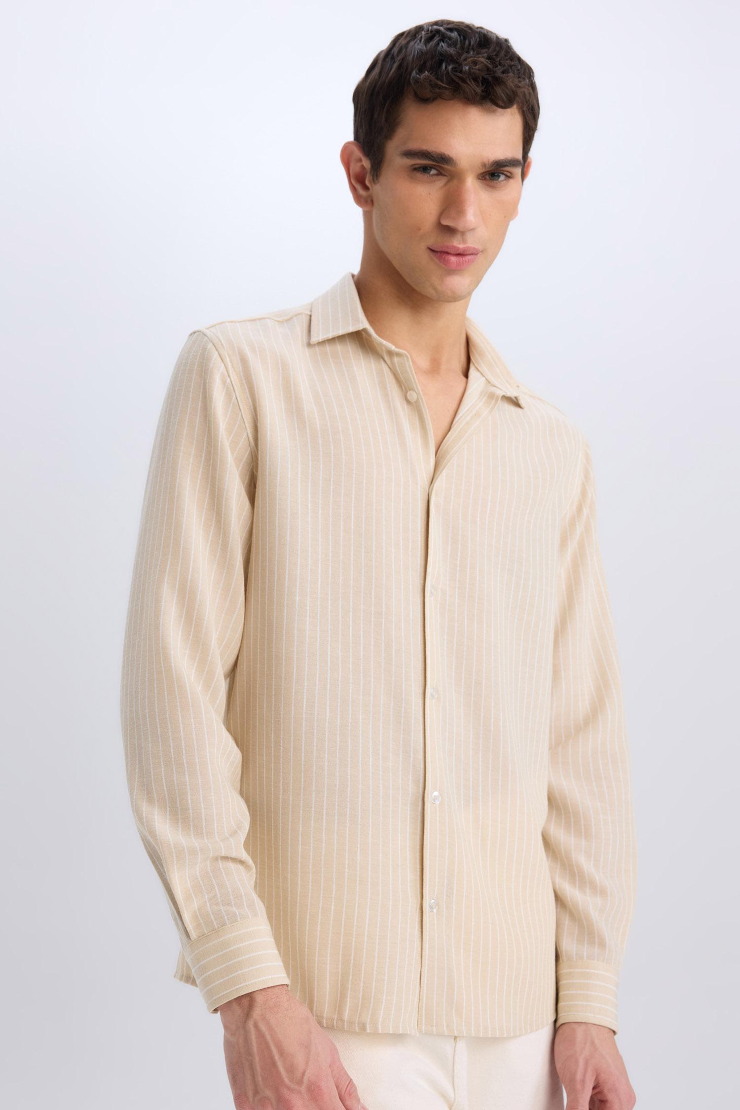 DeFacto Regular Fit Polo Yaka Keten Görünümlü Uzun Kollu Gömlek görsel 3